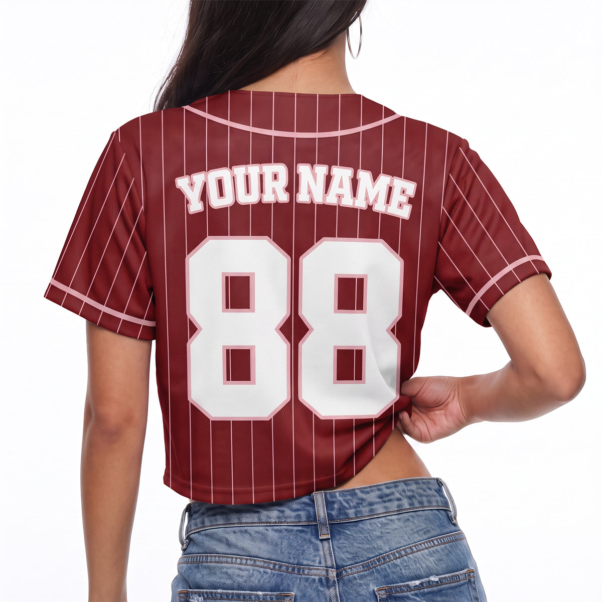 Custom Women's Crop Baseball Jersey Burgundy and Light Pink Striped - Design Your Own