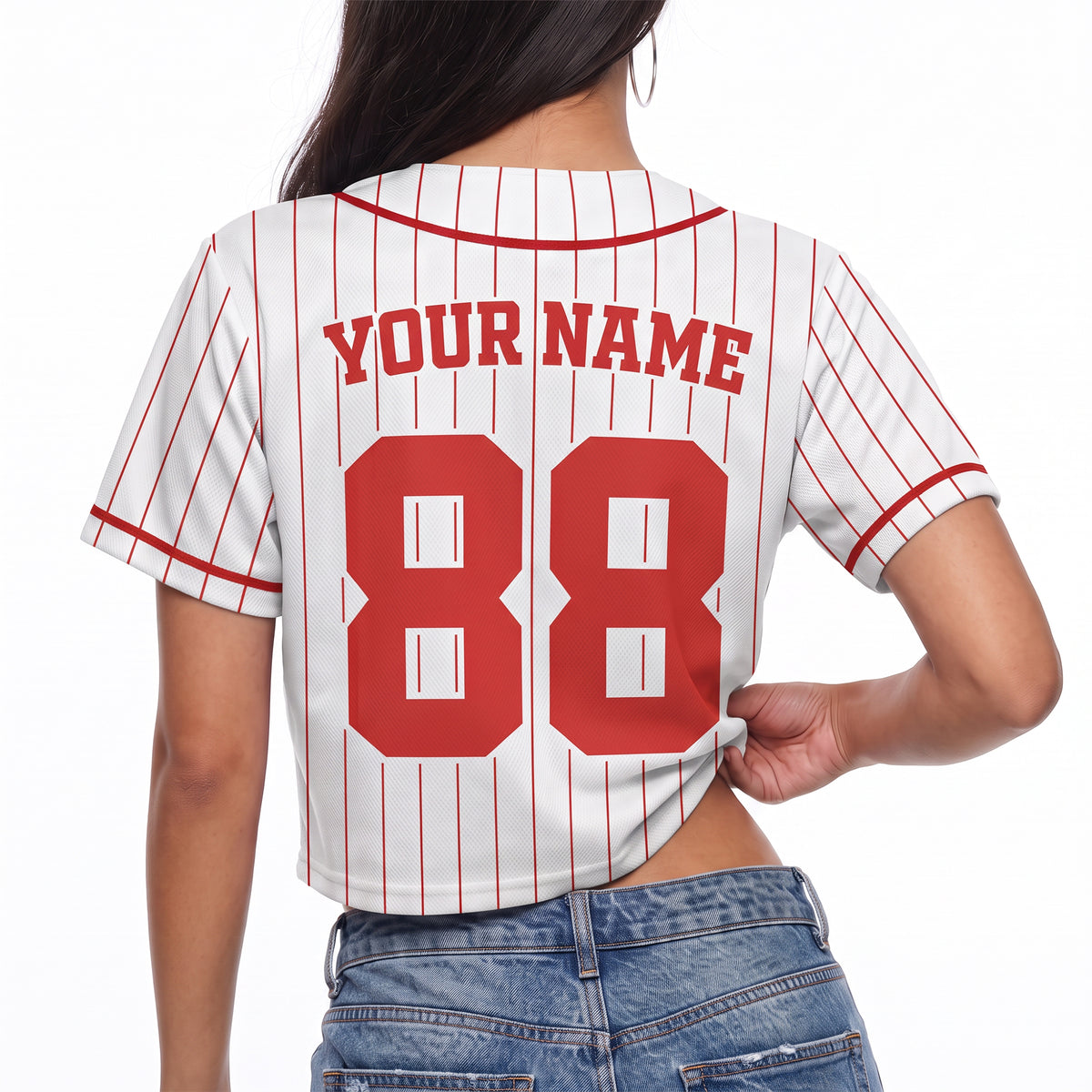 Custom Women's Crop Baseball Jersey White and Scarlet Striped - Design Your Own