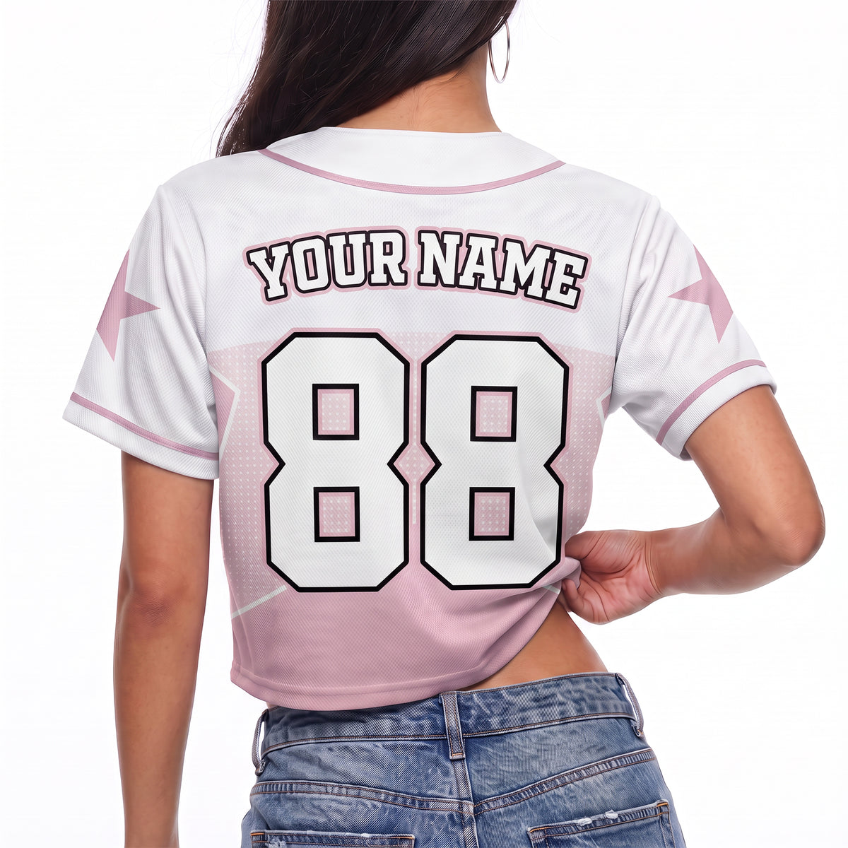 Custom Women's Crop Baseball Jersey Star Pink and White - Design Your Own