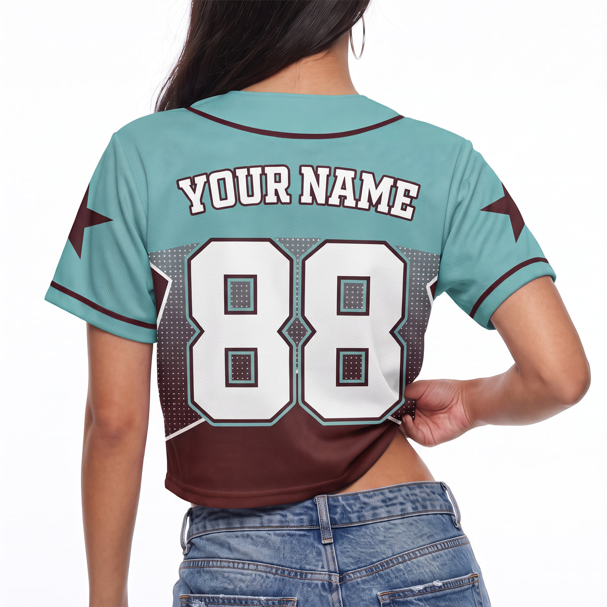 Custom Women's Crop Baseball Jersey Star Brown and Teal - Design Your Own