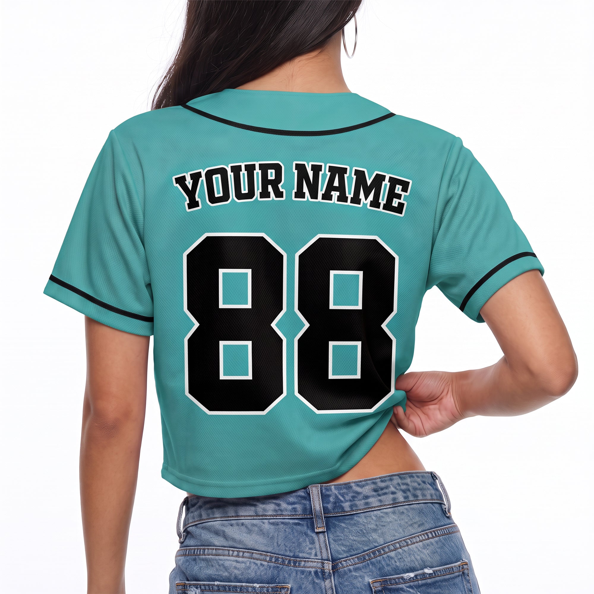 Custom Women's Crop Baseball Jersey Teal and Black - Design Your Own