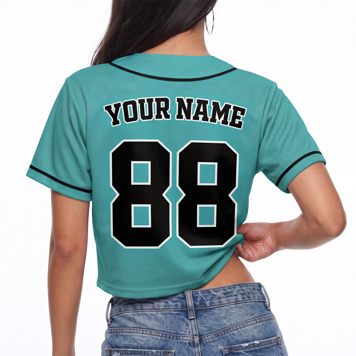 Custom Women's Crop Baseball Jersey Teal and Black - Design Your Own