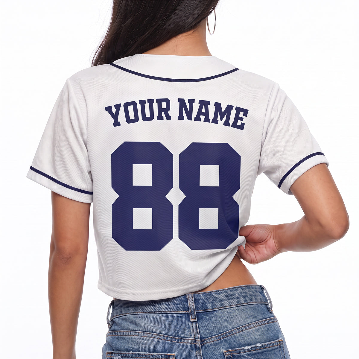 Custom Women's Crop Baseball Jersey White and Navy - Design Your Own
