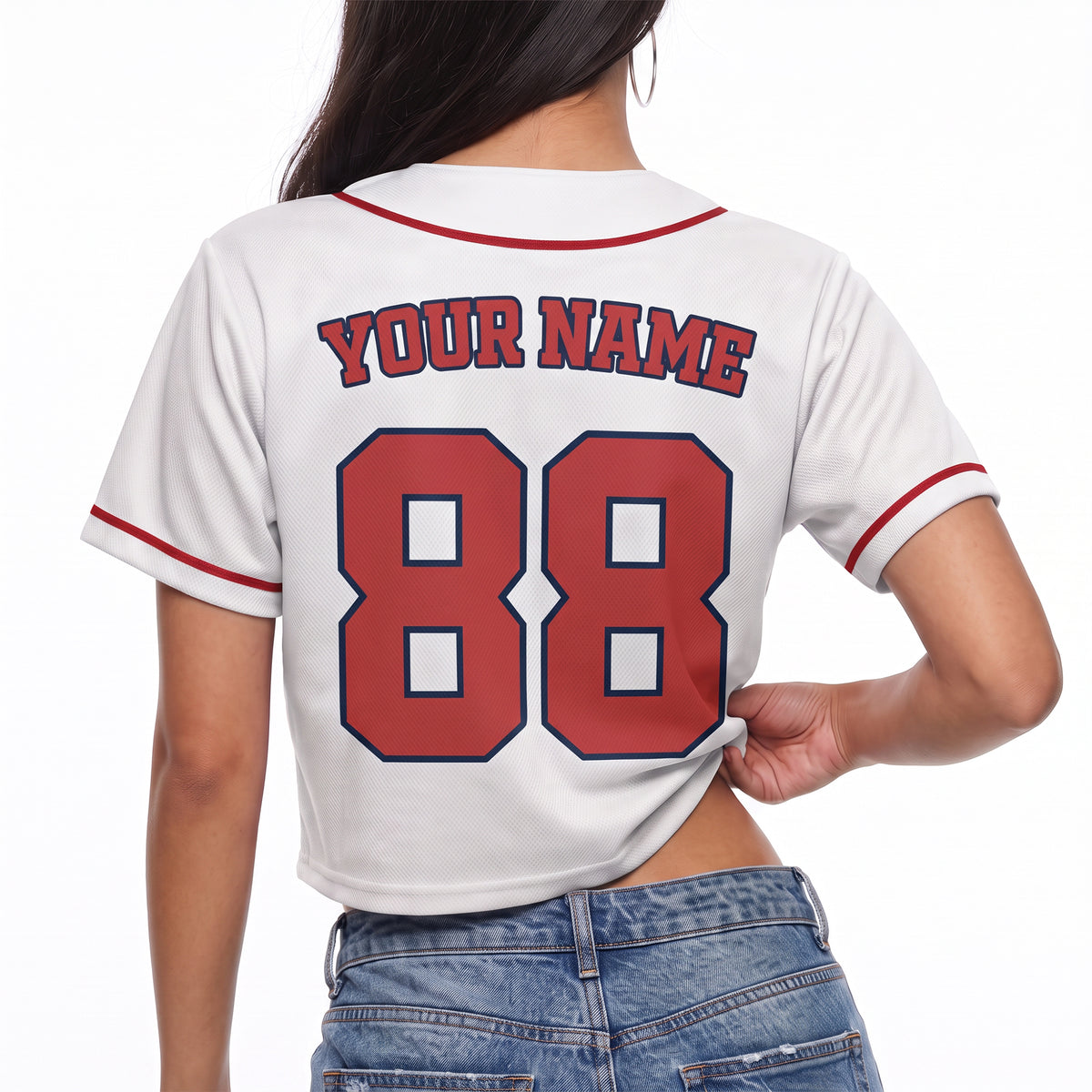 Custom Women's Crop Baseball Jersey White and Red - Design Your Own