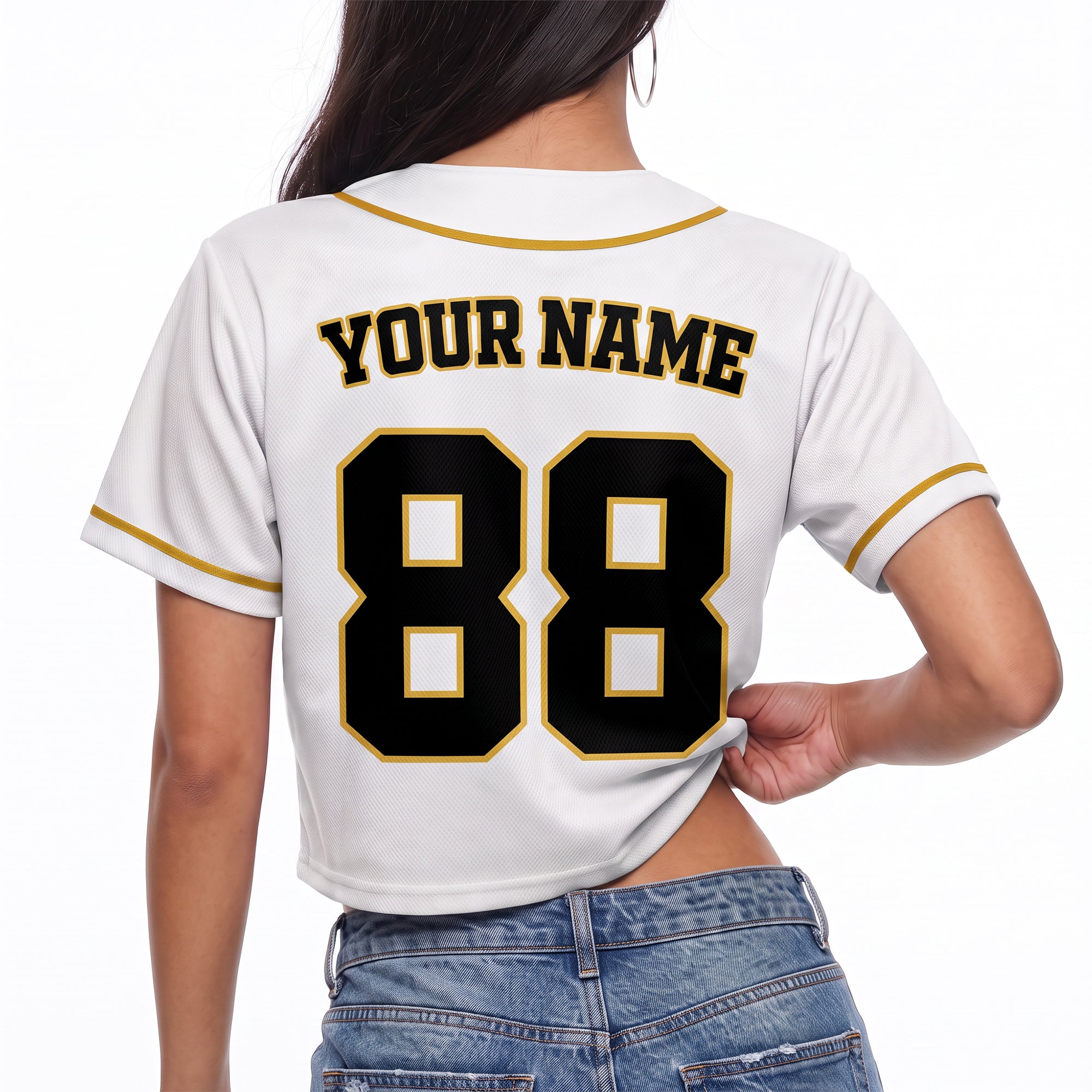 Custom Women's Crop Baseball Jersey White and Yellow - Design Your Own