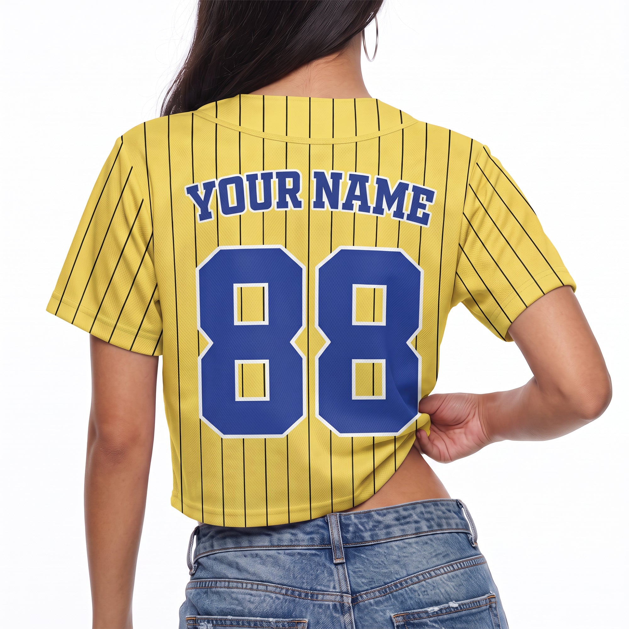Custom Women's Crop Baseball Jersey Yellow and Royal Striped - Design Your Own