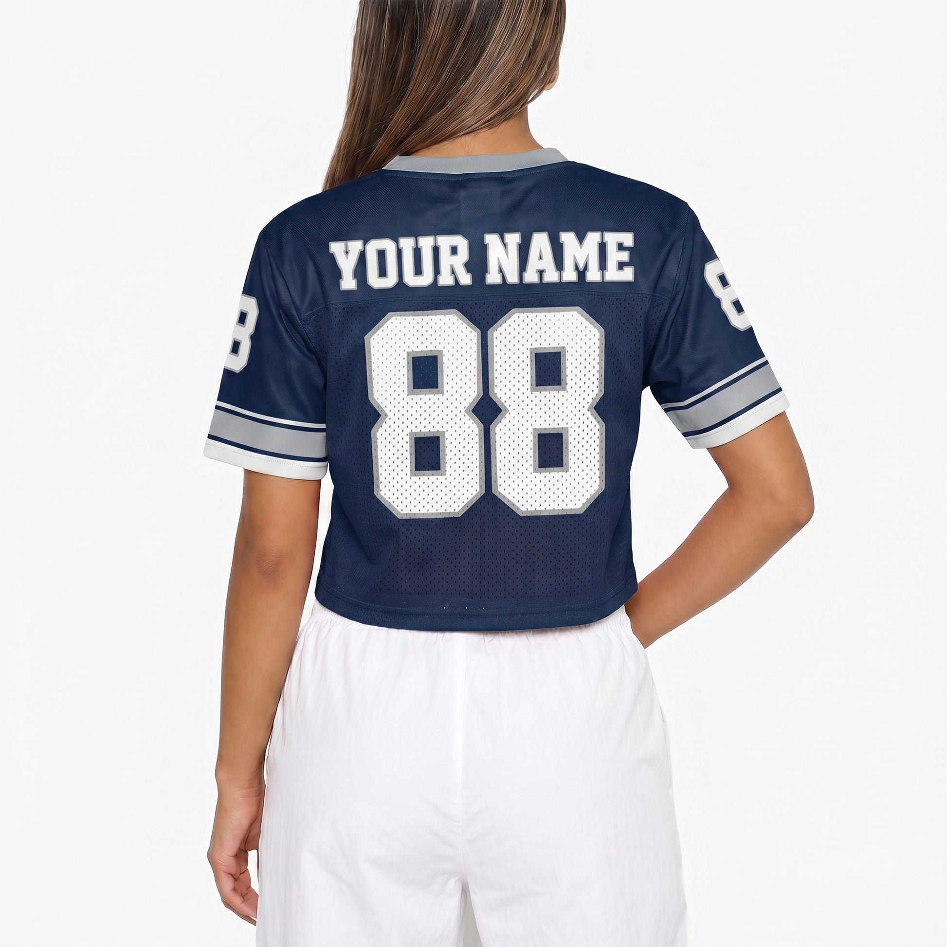 Custom Women's Crop Football Jersey Navy and Gray - Design Your Own