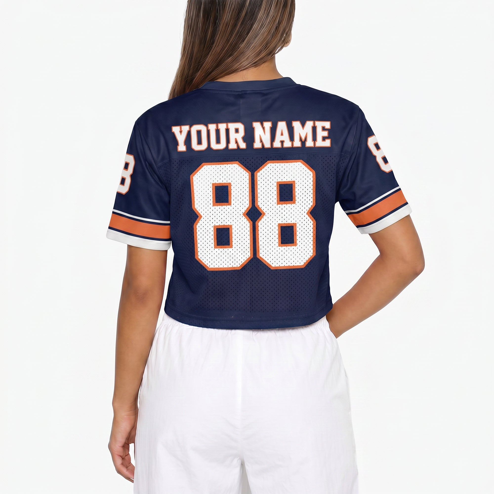 Custom Women's Crop Football Jersey Navy and Orange - Design Your Own