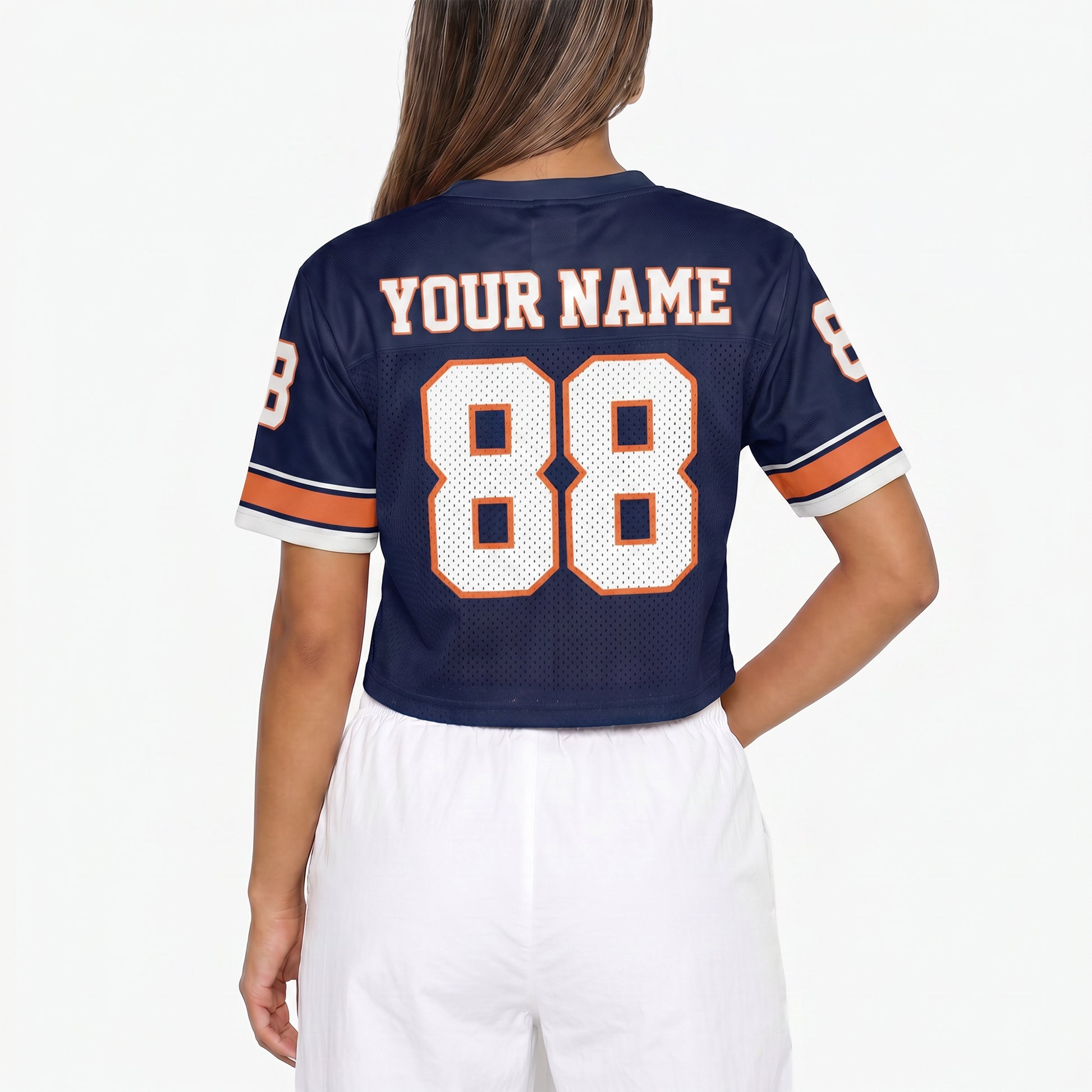 Custom Women's Crop Football Jersey Navy and Orange - Design Your Own