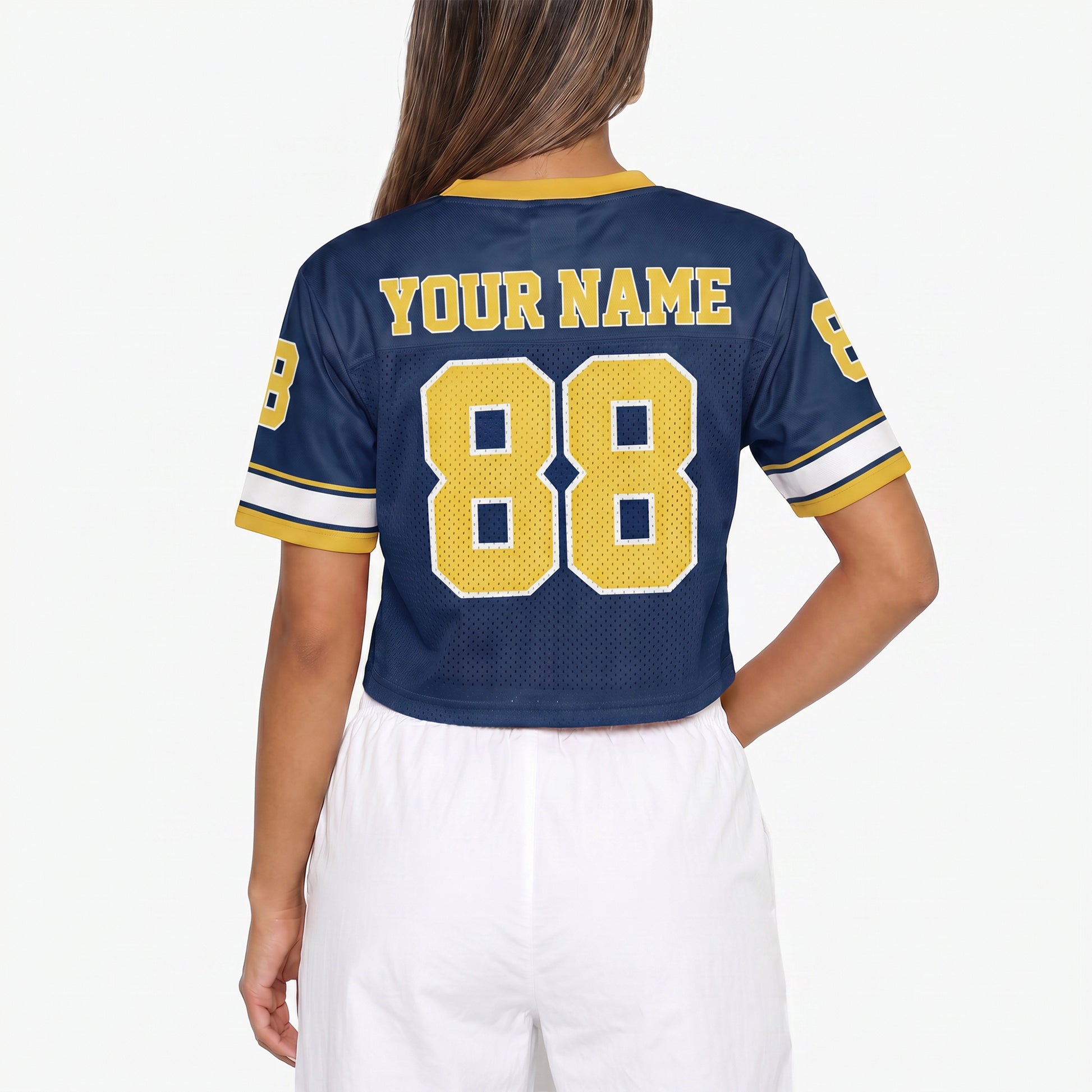 Custom Women's Crop Football Jersey Navy and Yellow - Design Your Own
