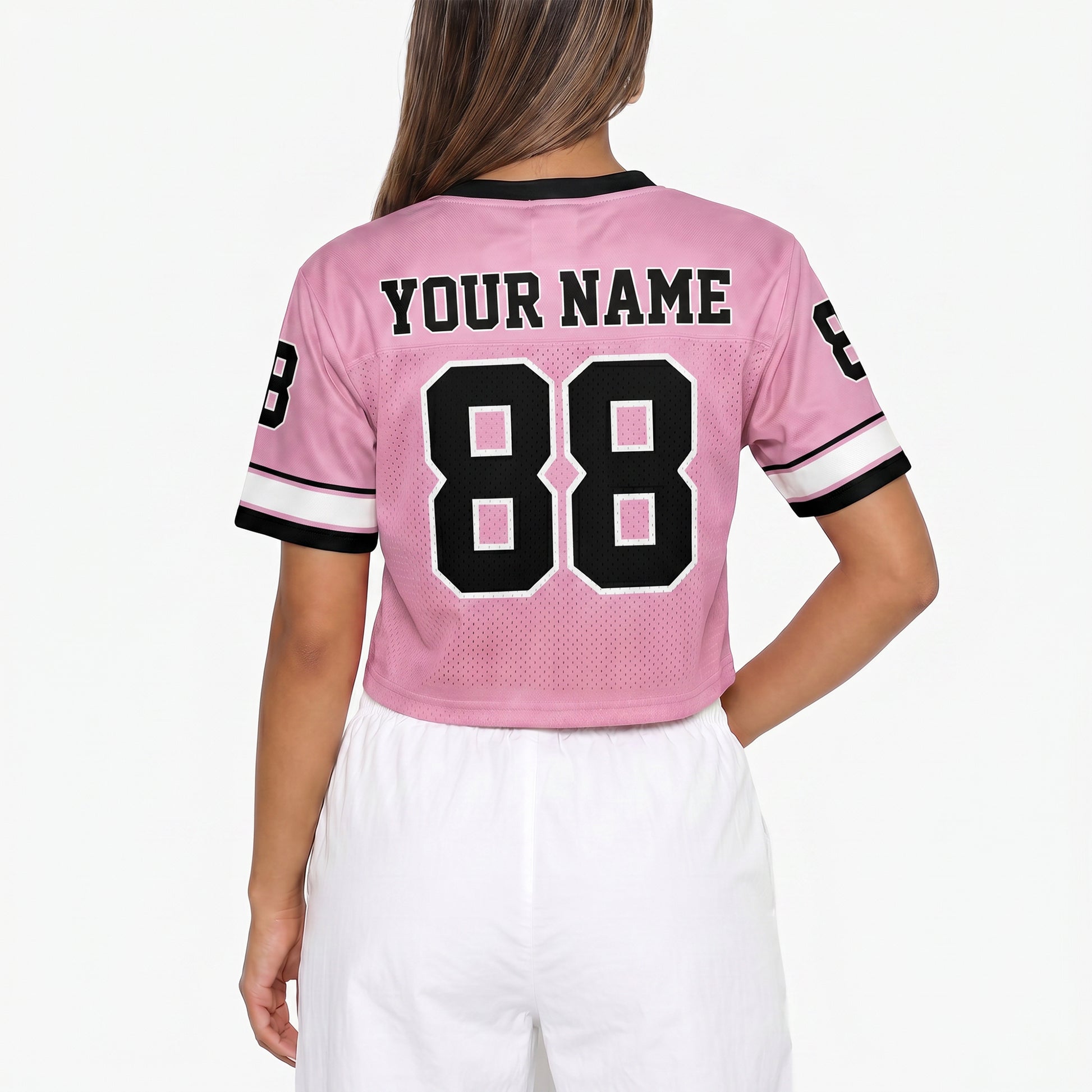 Custom Women's Crop Football Jersey Pink and Black - Design Your Own