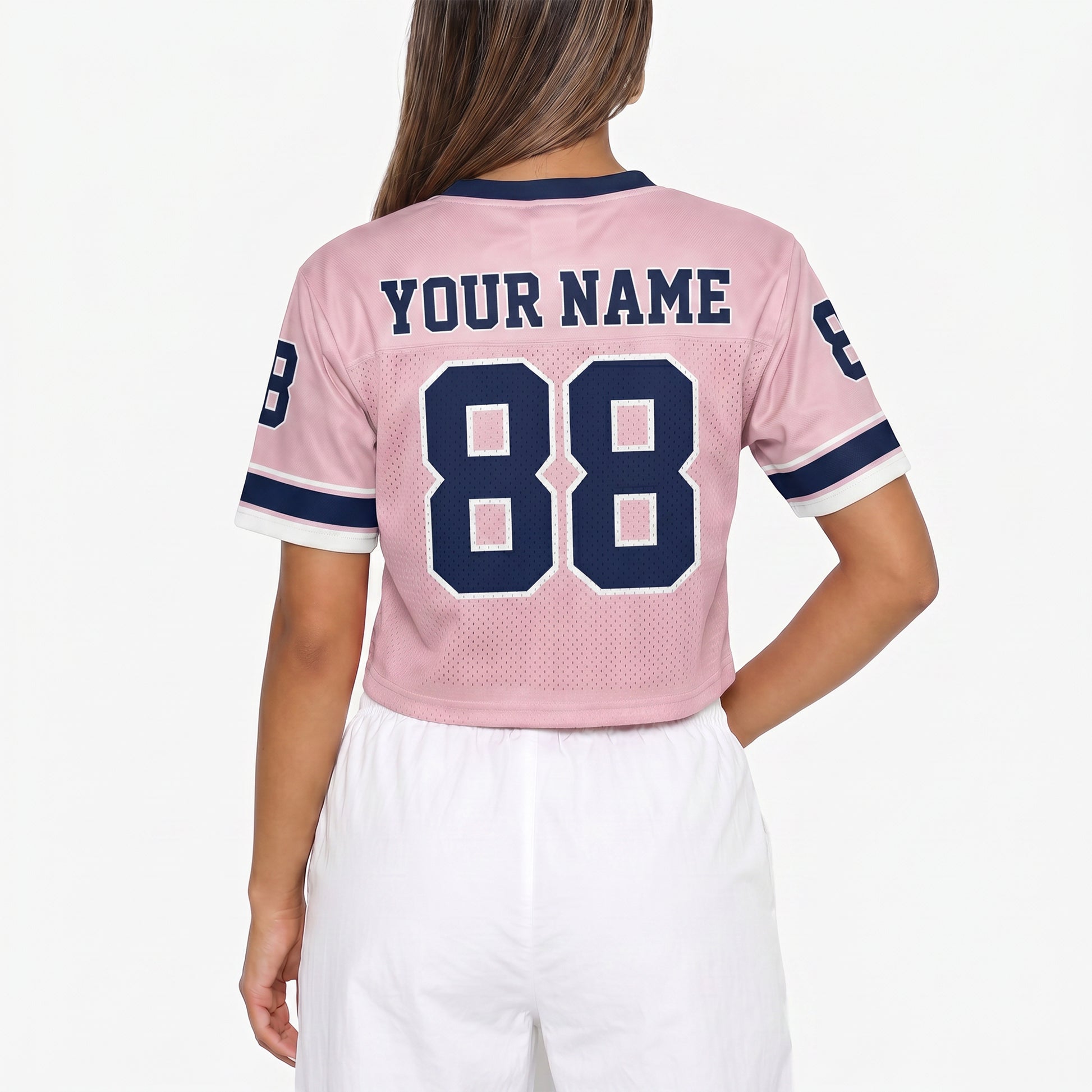 Custom Women's Crop Football Jersey Pink and Navy - Design Your Own