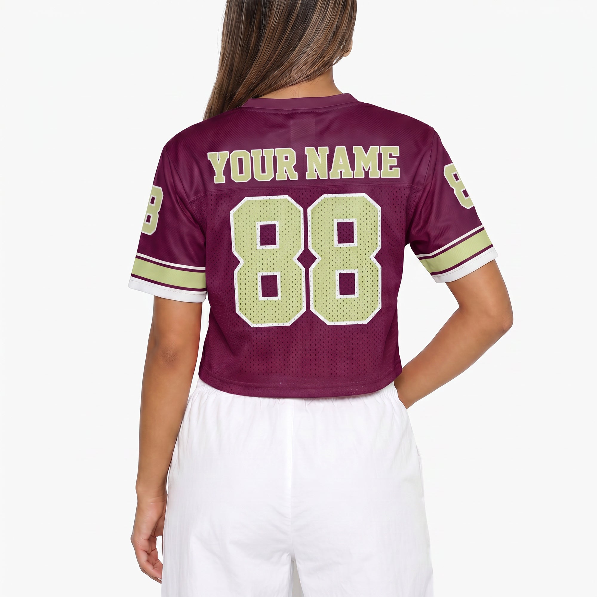 Custom Women's Crop Football Jersey Plum and Lime - Design Your Own