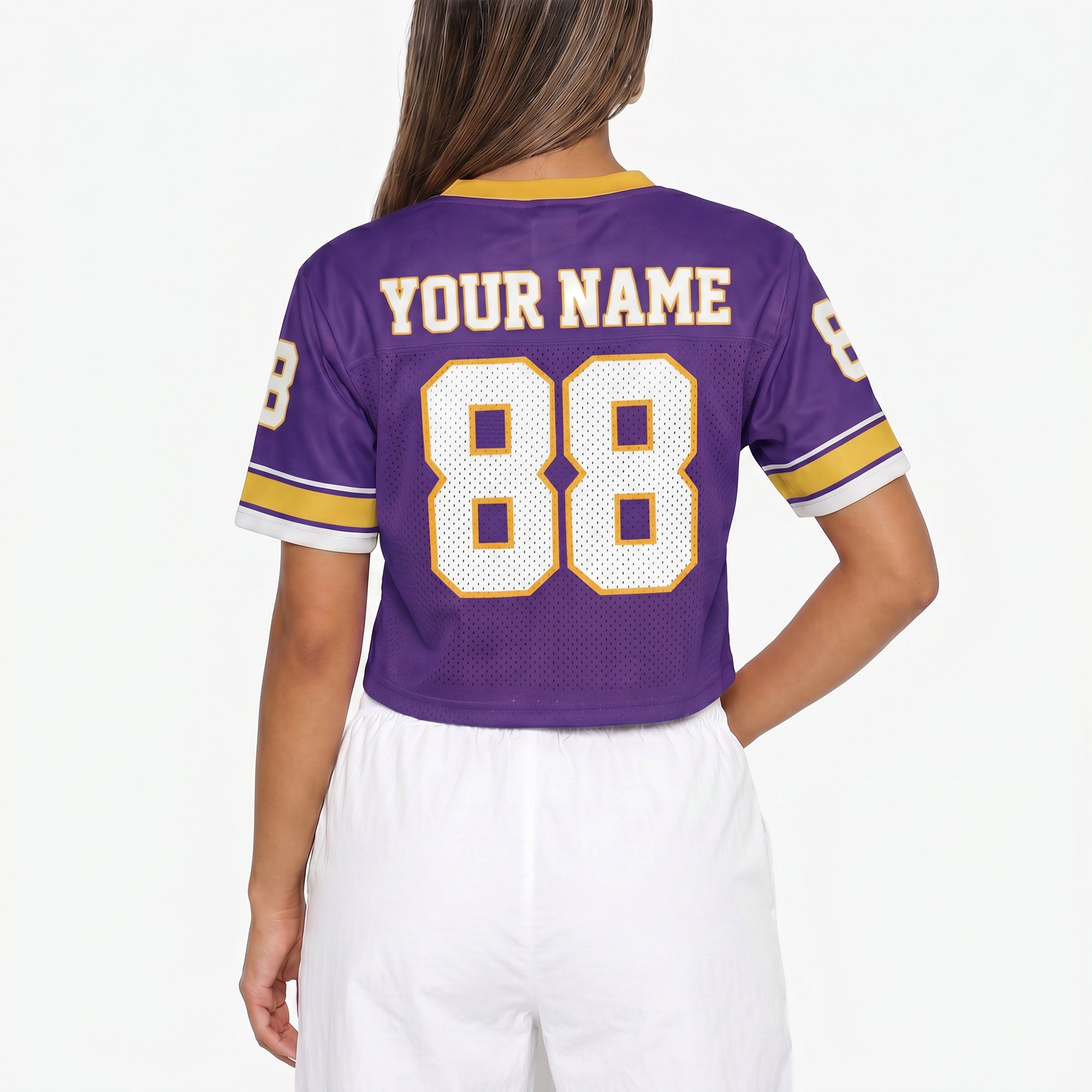 Custom Women's Crop Football Jersey Purple and Yellow - Design Your Own