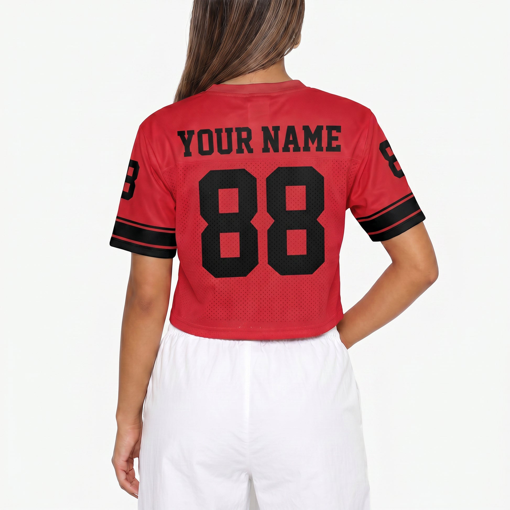 Custom Women's Crop Football Jersey Red and Black - Design Your Own