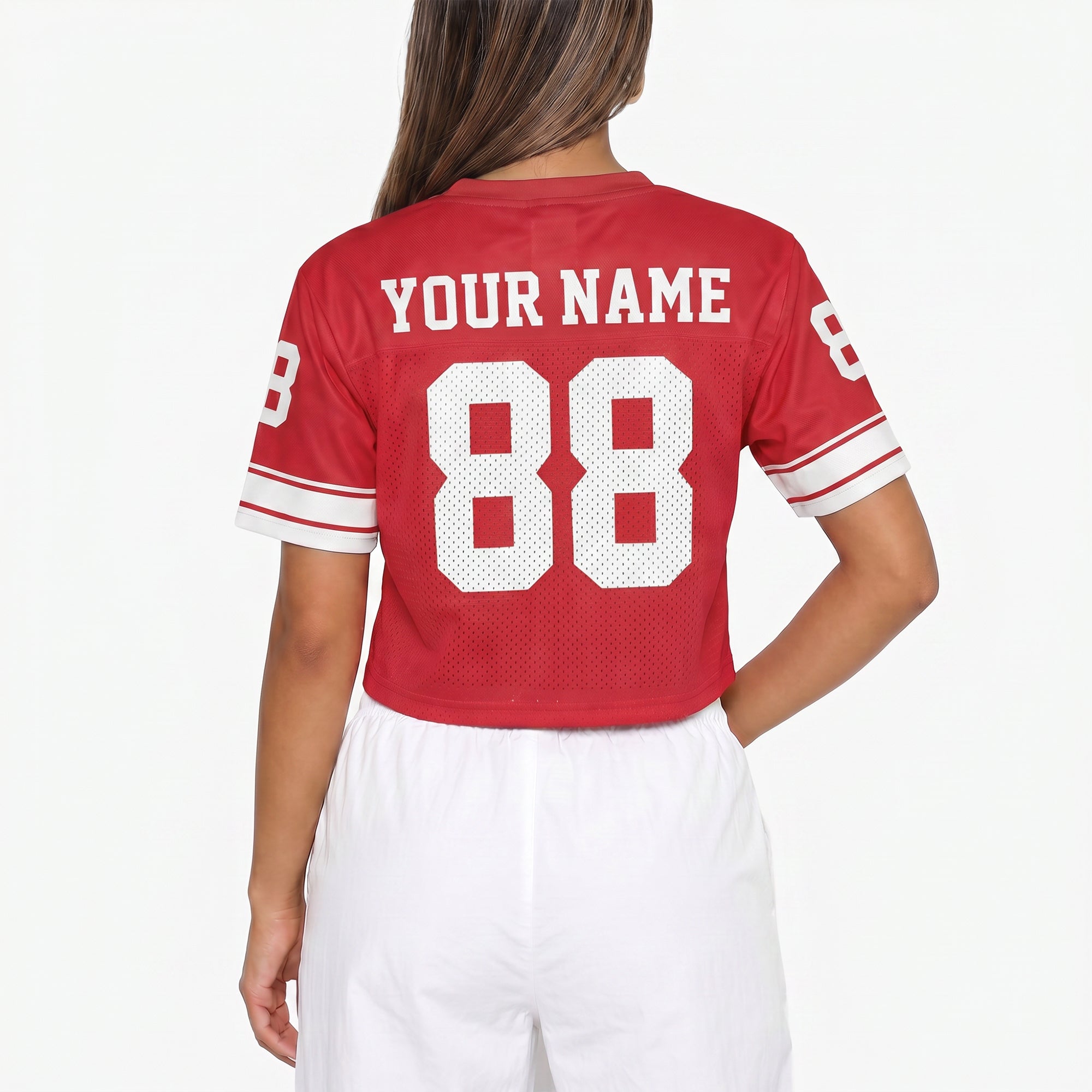 Custom Women's Crop Football Jersey Red and White - Design Your Own