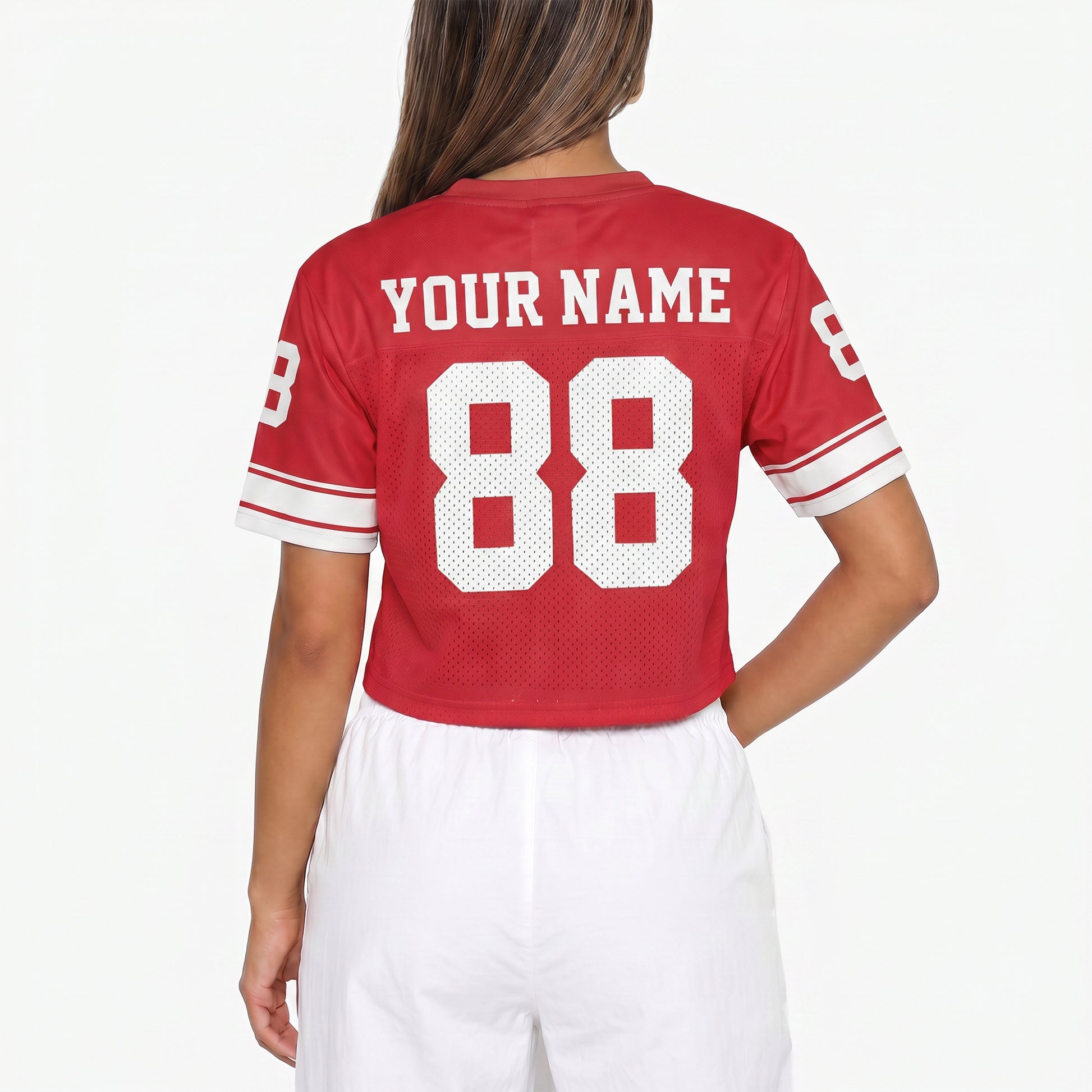 Custom Women's Crop Football Jersey Red and White - Design Your Own