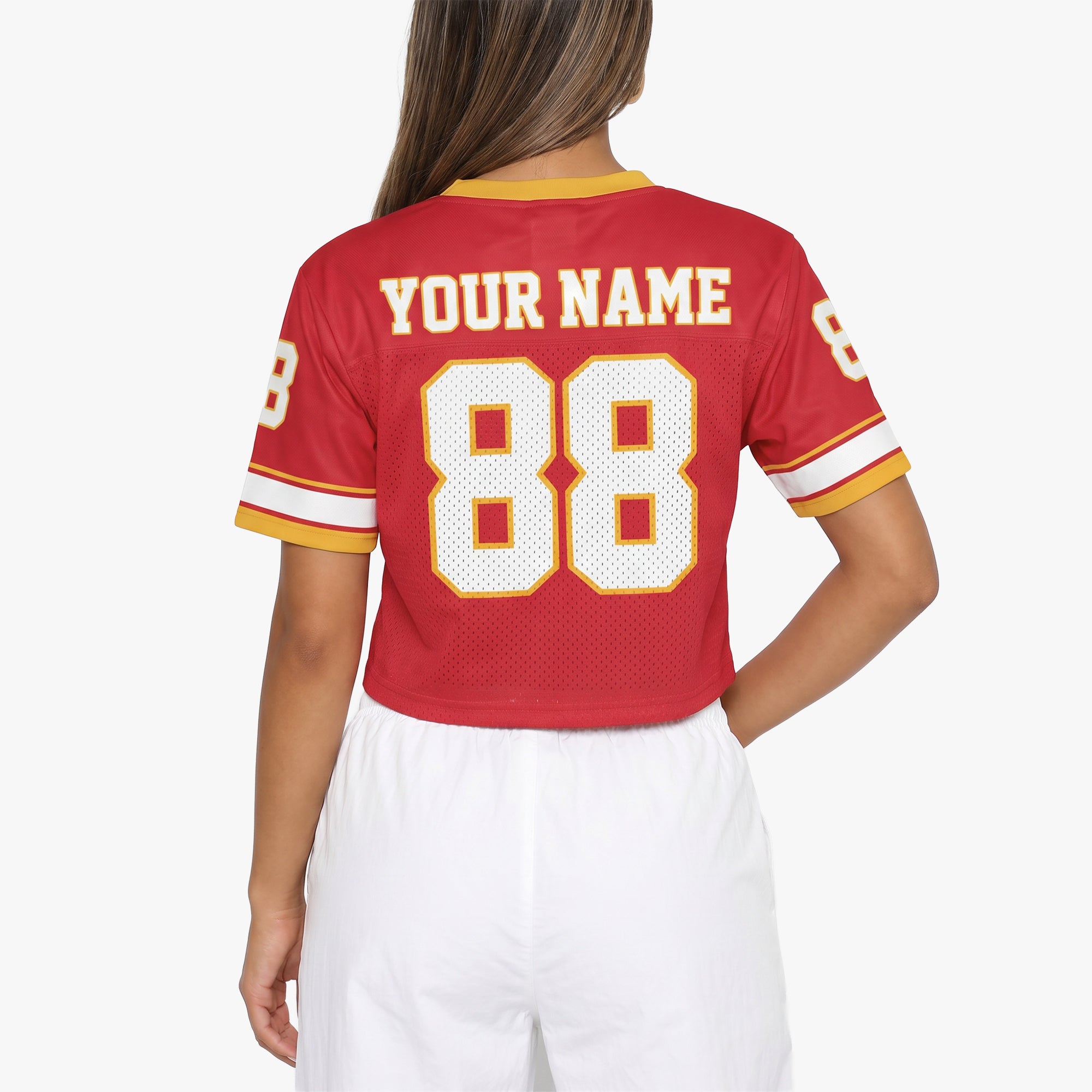 Custom Women's Crop Football Jersey Red and Yellow - Design Your Own