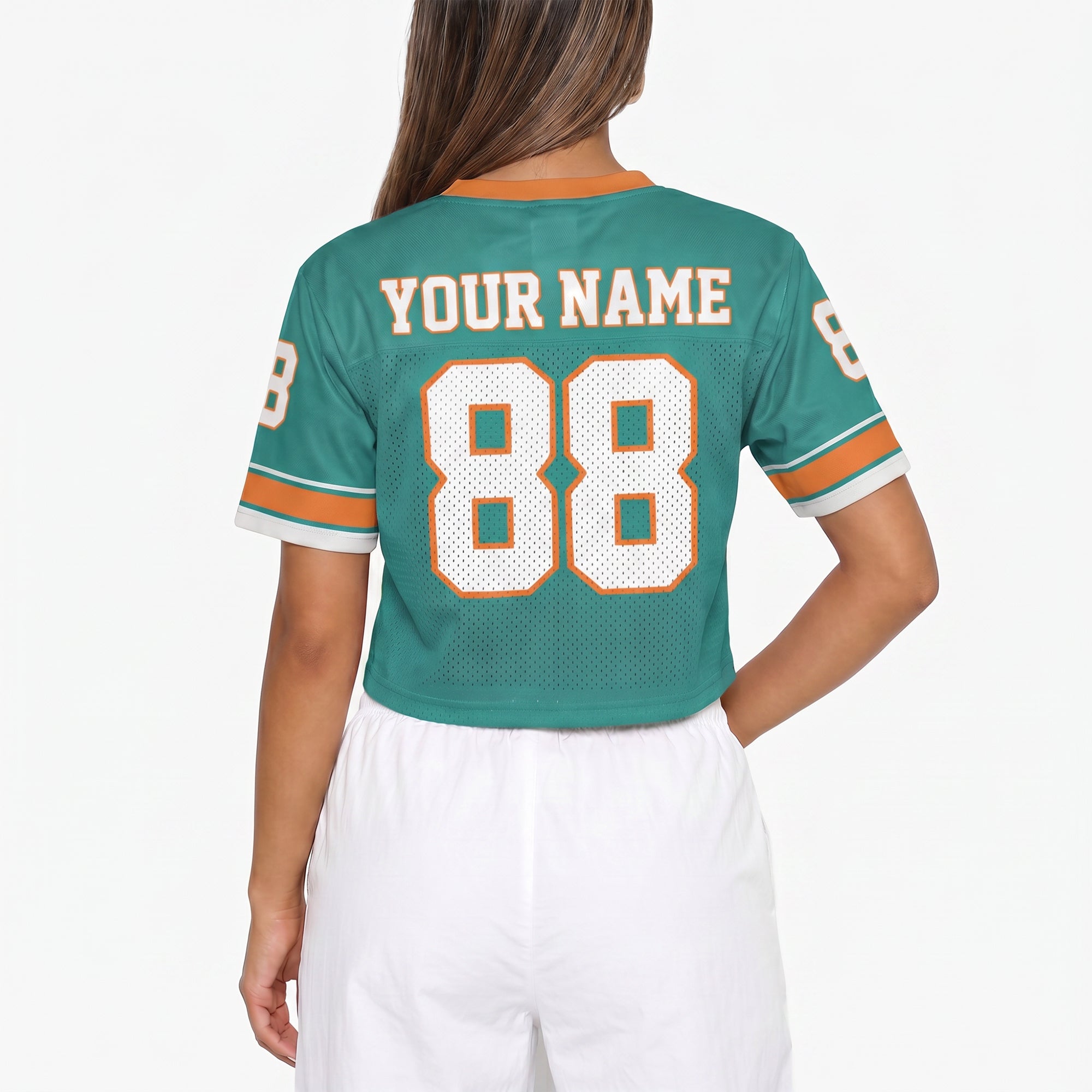 Custom Women's Crop Football Jersey Aqua and Orange - Design Your Own