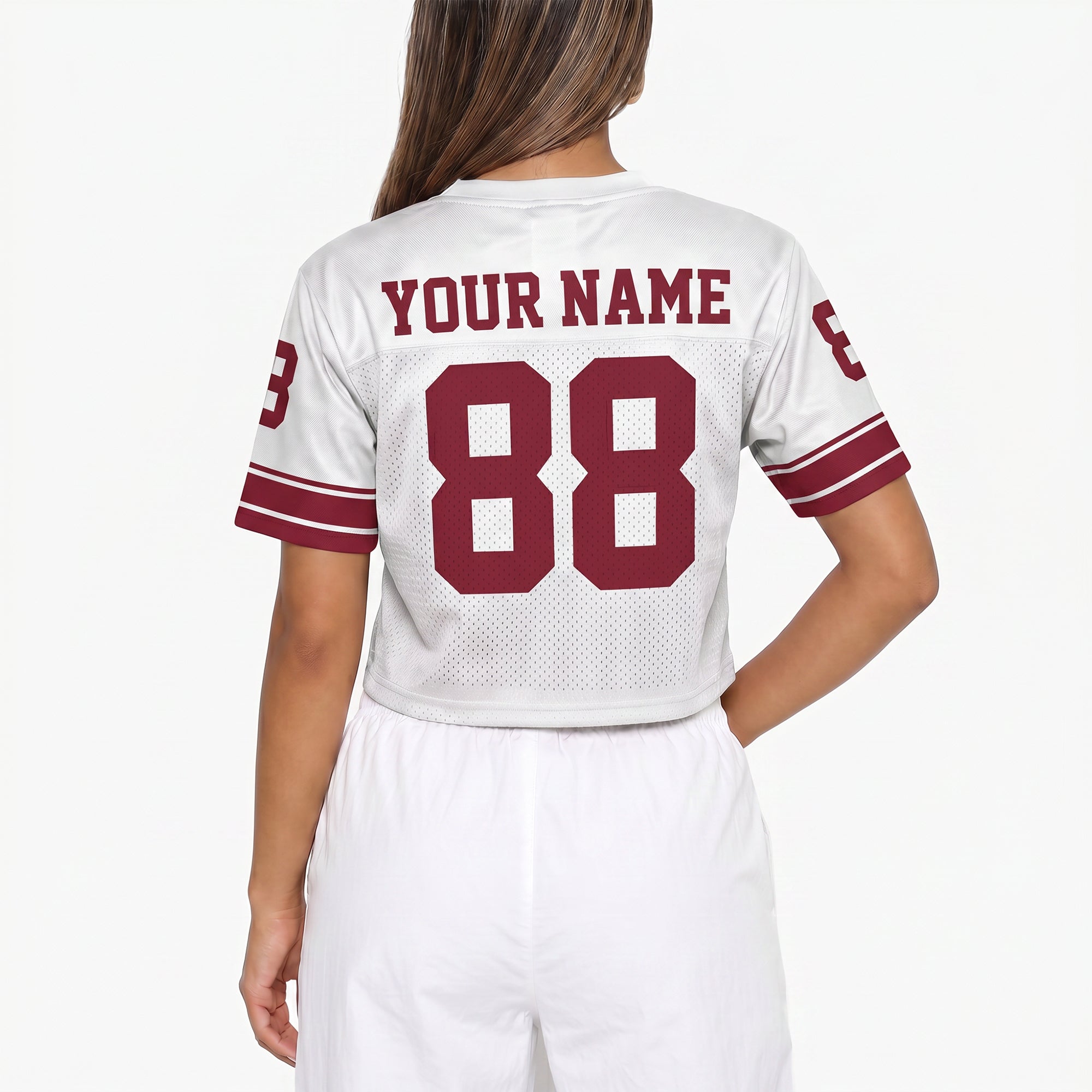 Custom Women's Crop Football Jersey White and Burgundy - Design Your Own