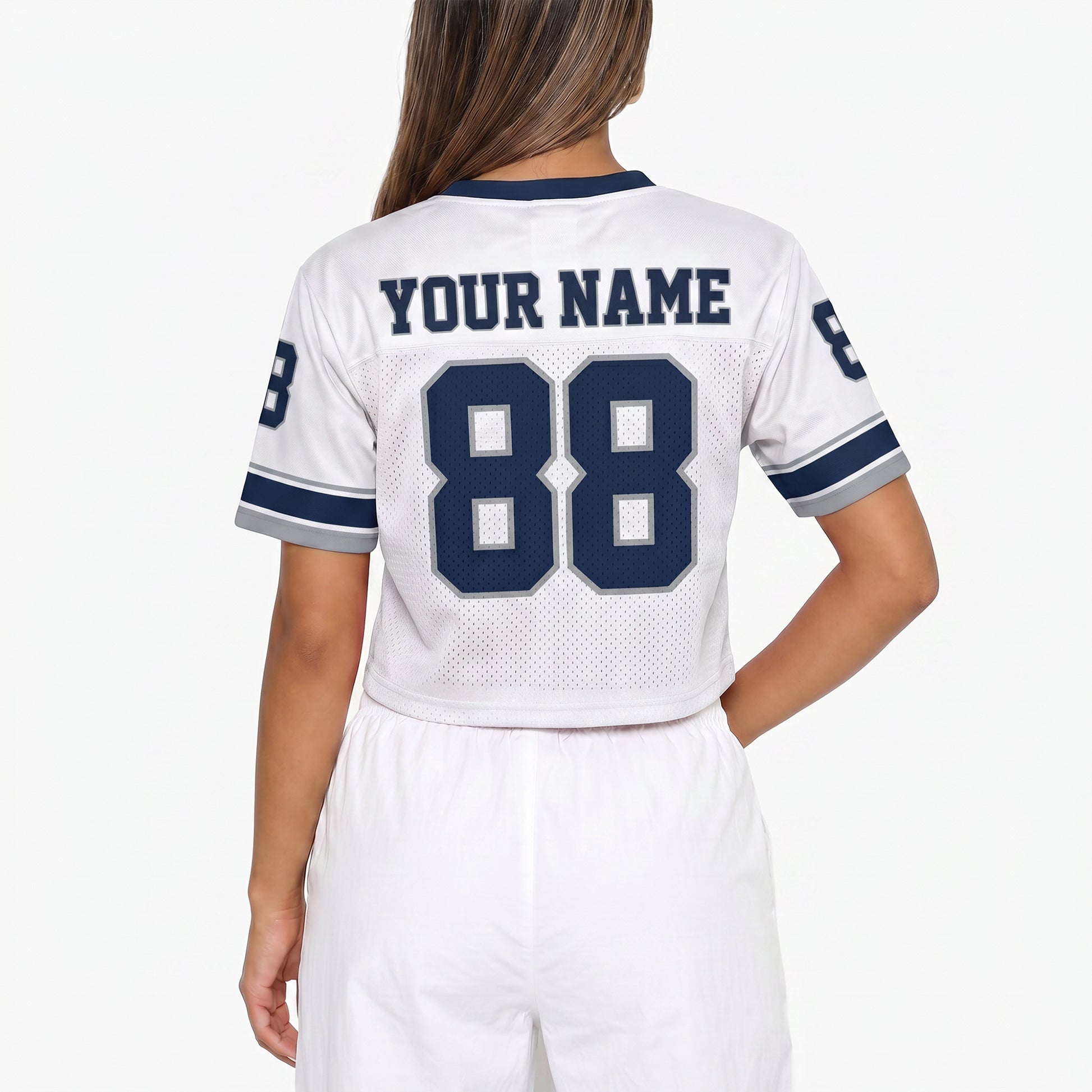Custom Women's Crop Football Jersey White and Navy - Design Your Own