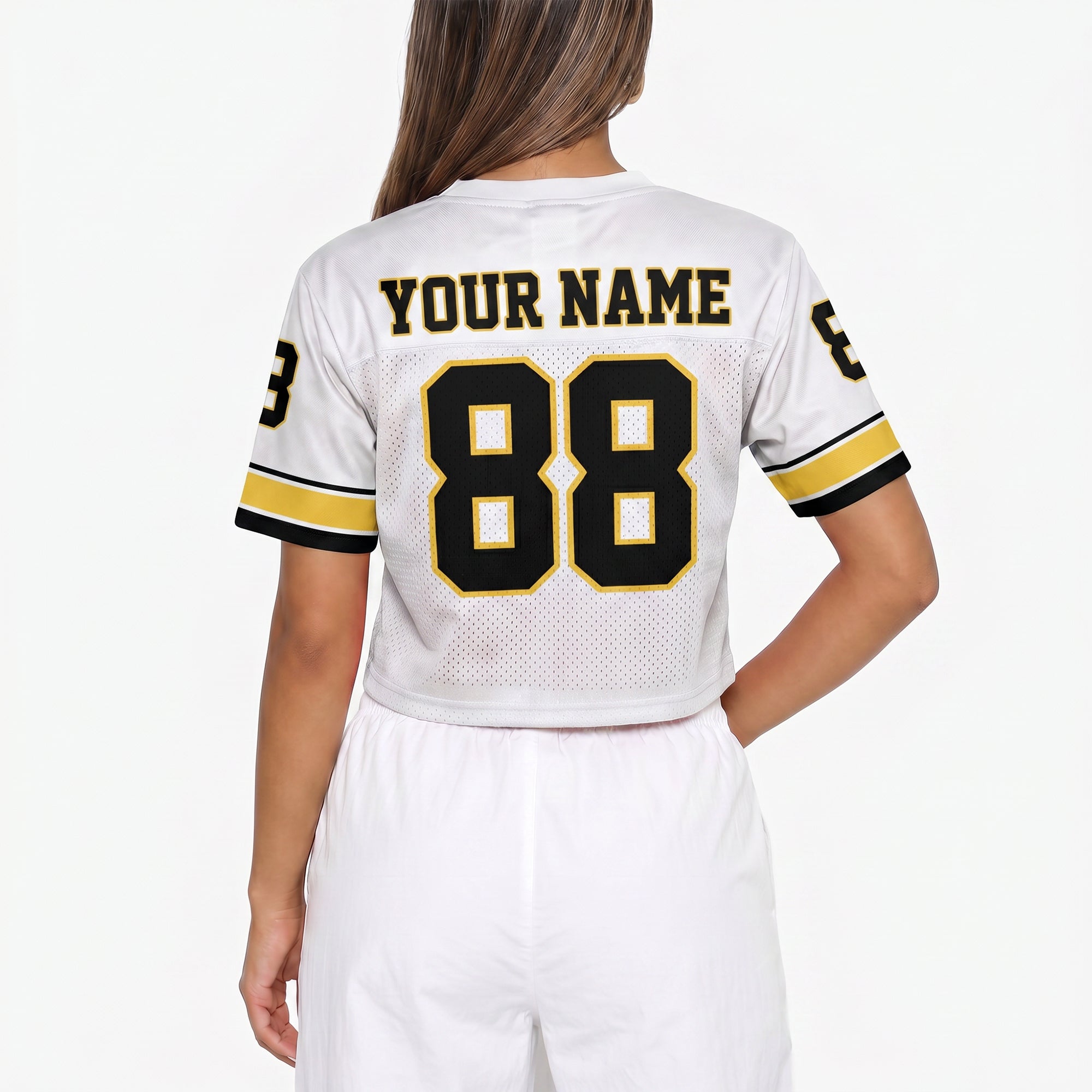 Custom Women's Crop Football Jersey White and Yellow - Design Your Own