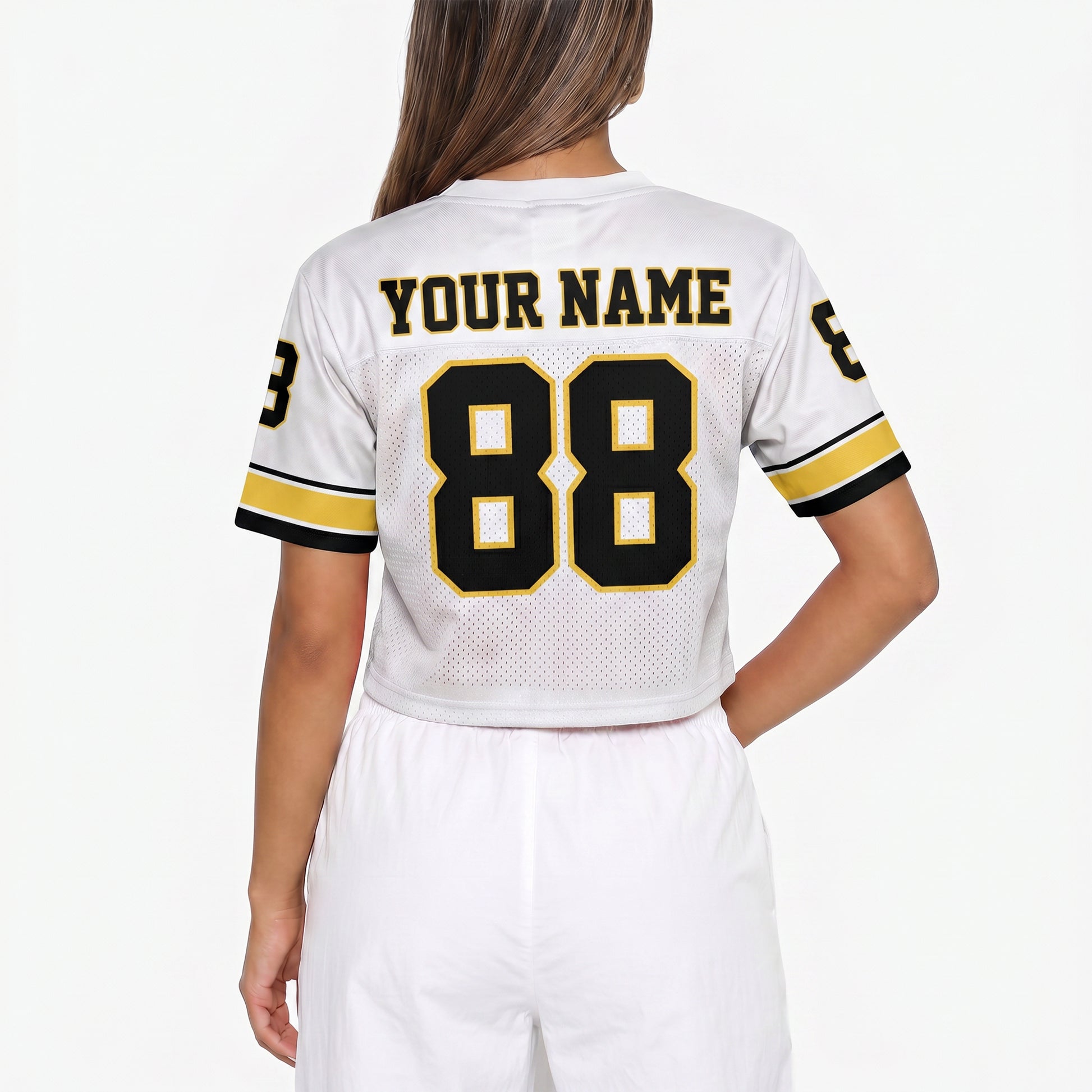 Custom Women's Crop Football Jersey White and Yellow - Design Your Own