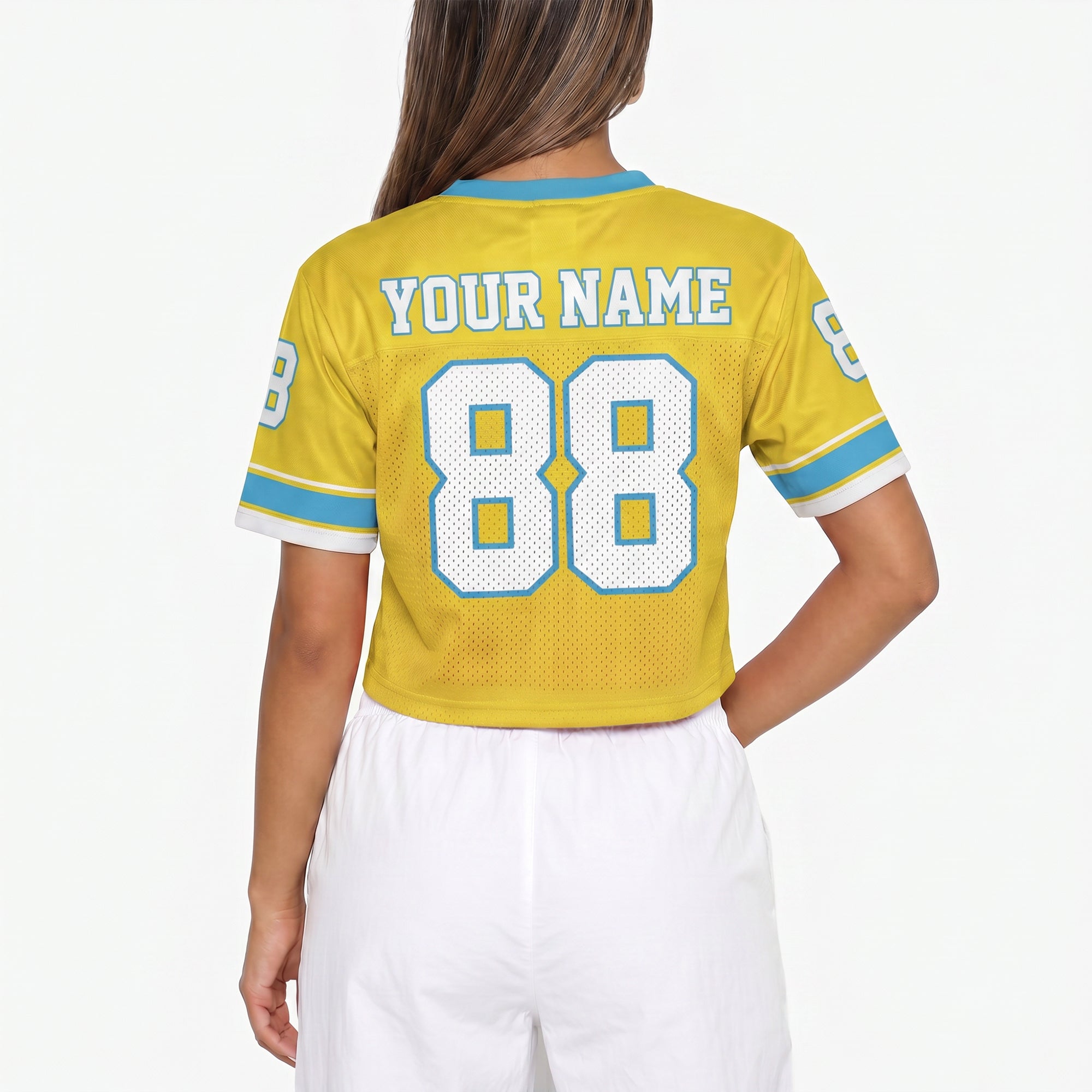 Custom Women's Crop Football Jersey Yellow and Blue - Design Your Own