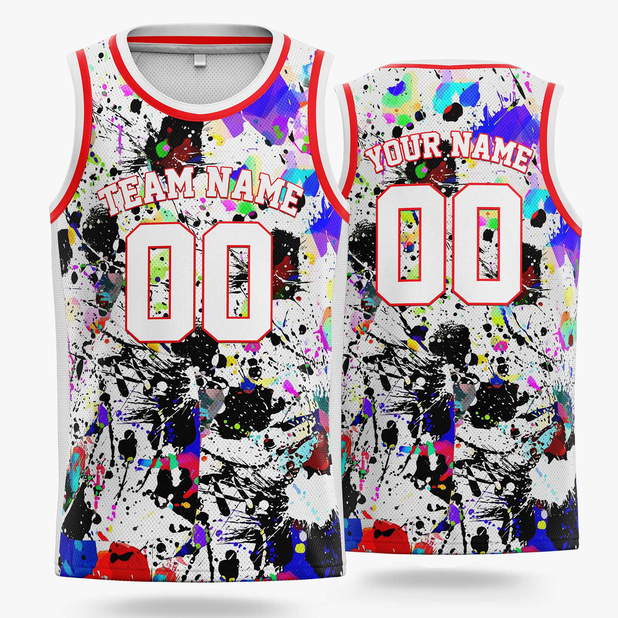 Custom Basketball Jersey White and Red Paint Splatter - Design Your Own