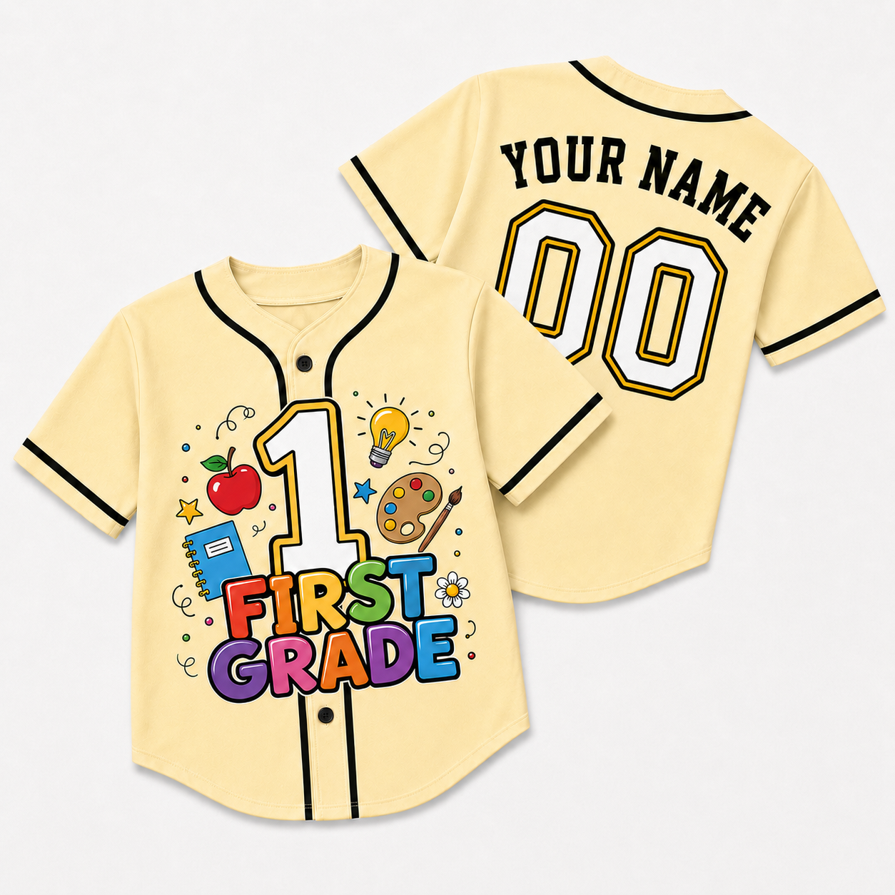 Custom First Day of School Baseball Jersey First Grade Design - Add Your Name and Number