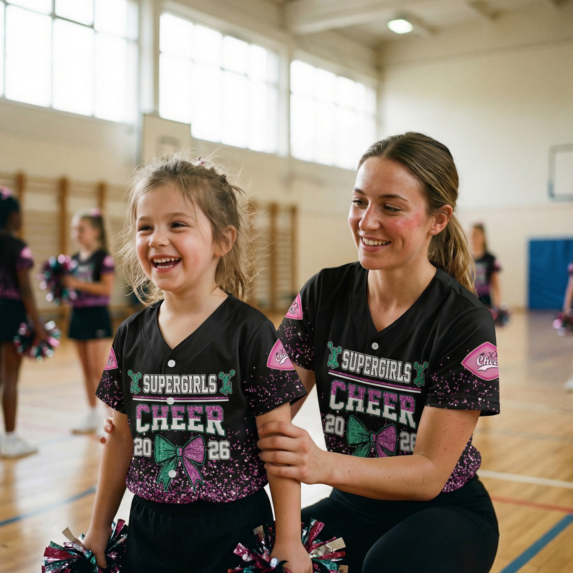 Custom Cheer Baseball Jersey Bow Design Green and Pink - Design Your Own