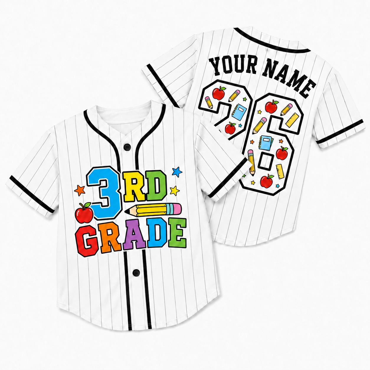Custom Back to School Baseball Jersey Third Grade Design - Add Your Name and Number