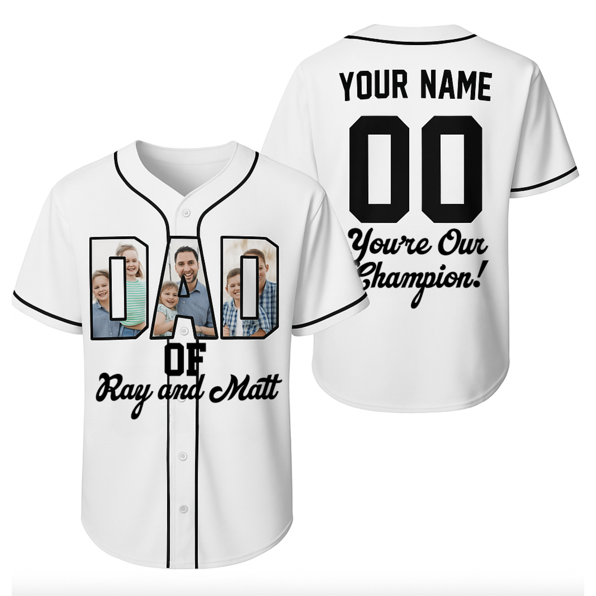 Custom Father's Day Baseball Jersey White with Black Piping - Add Your Kid's Photo and Name