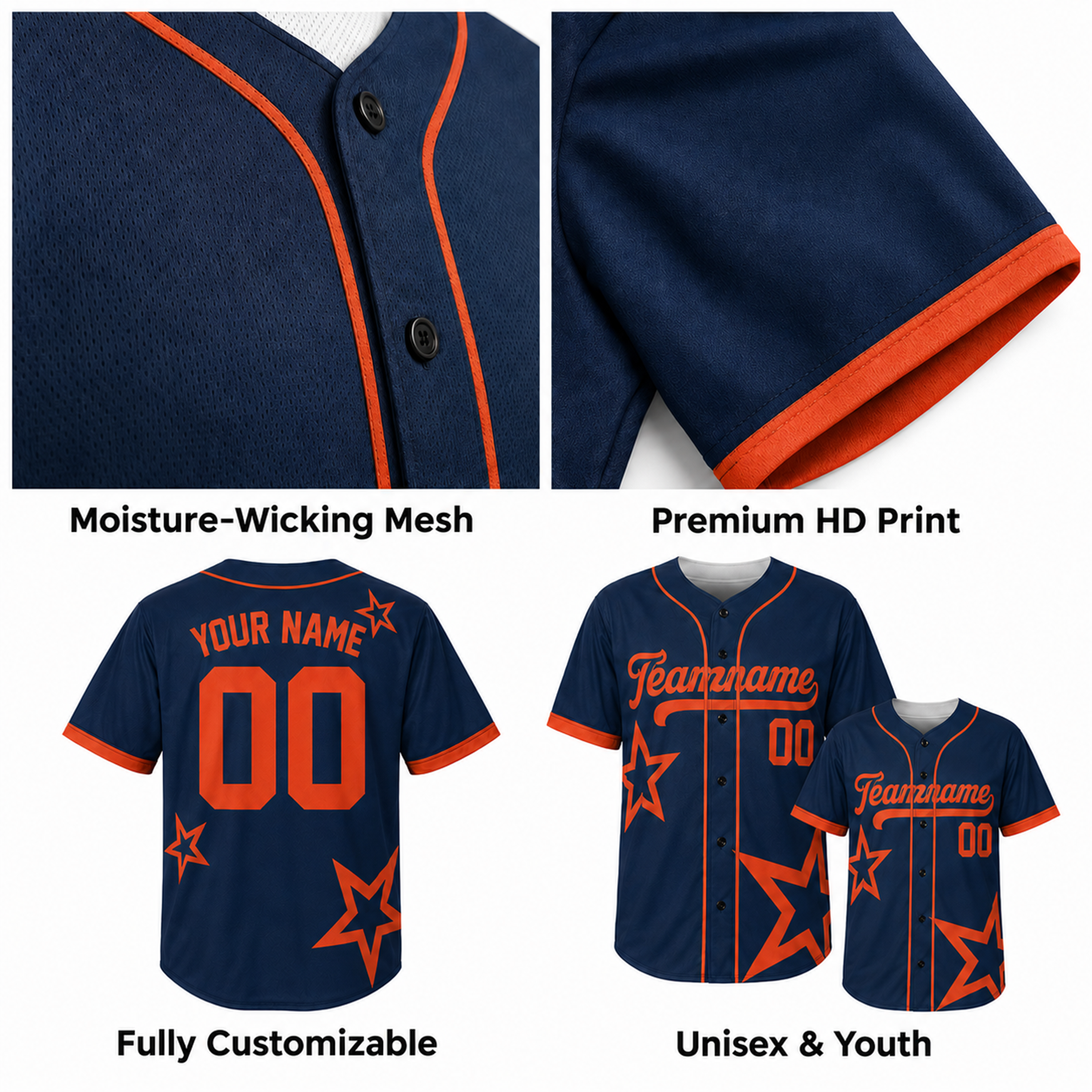 Custom Star Design Baseball Jersey White Black and Orange with Piping - Design Your Own