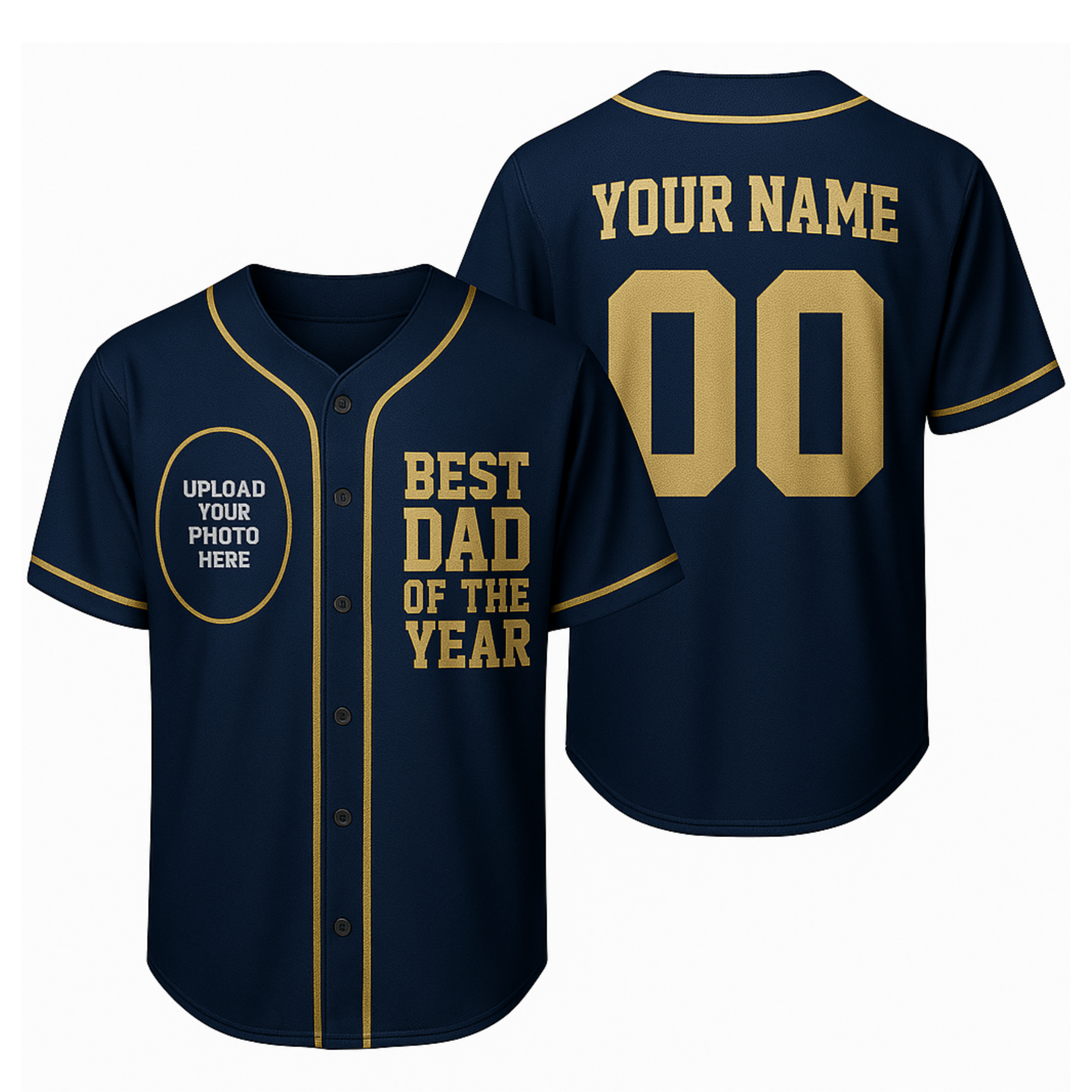 Custom Father's Day Baseball Jersey Navy with Gold Piping - Add Your Name and Photo