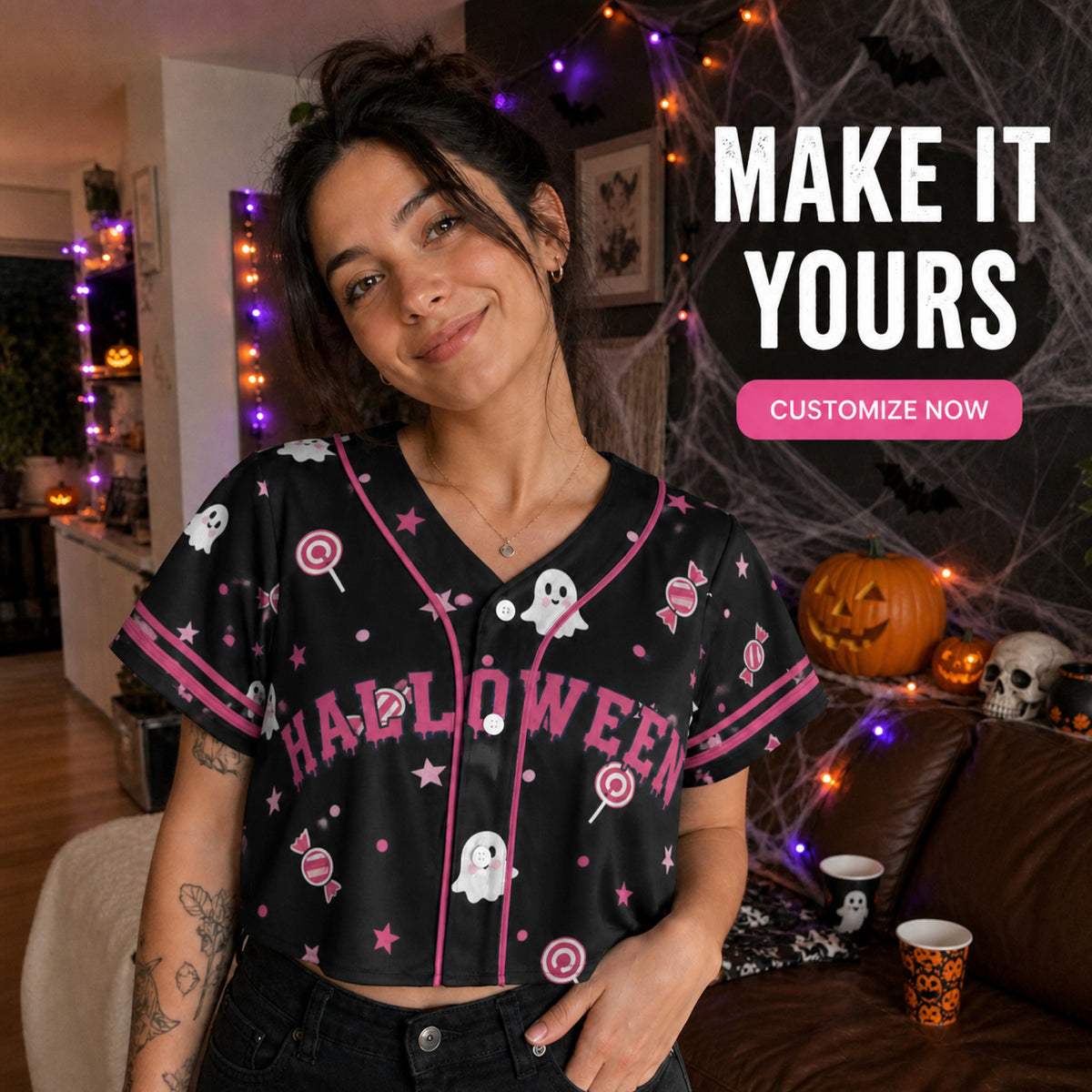 Custom Halloween Women's Crop Baseball Jersey Lavender Ghost - Design Your Own