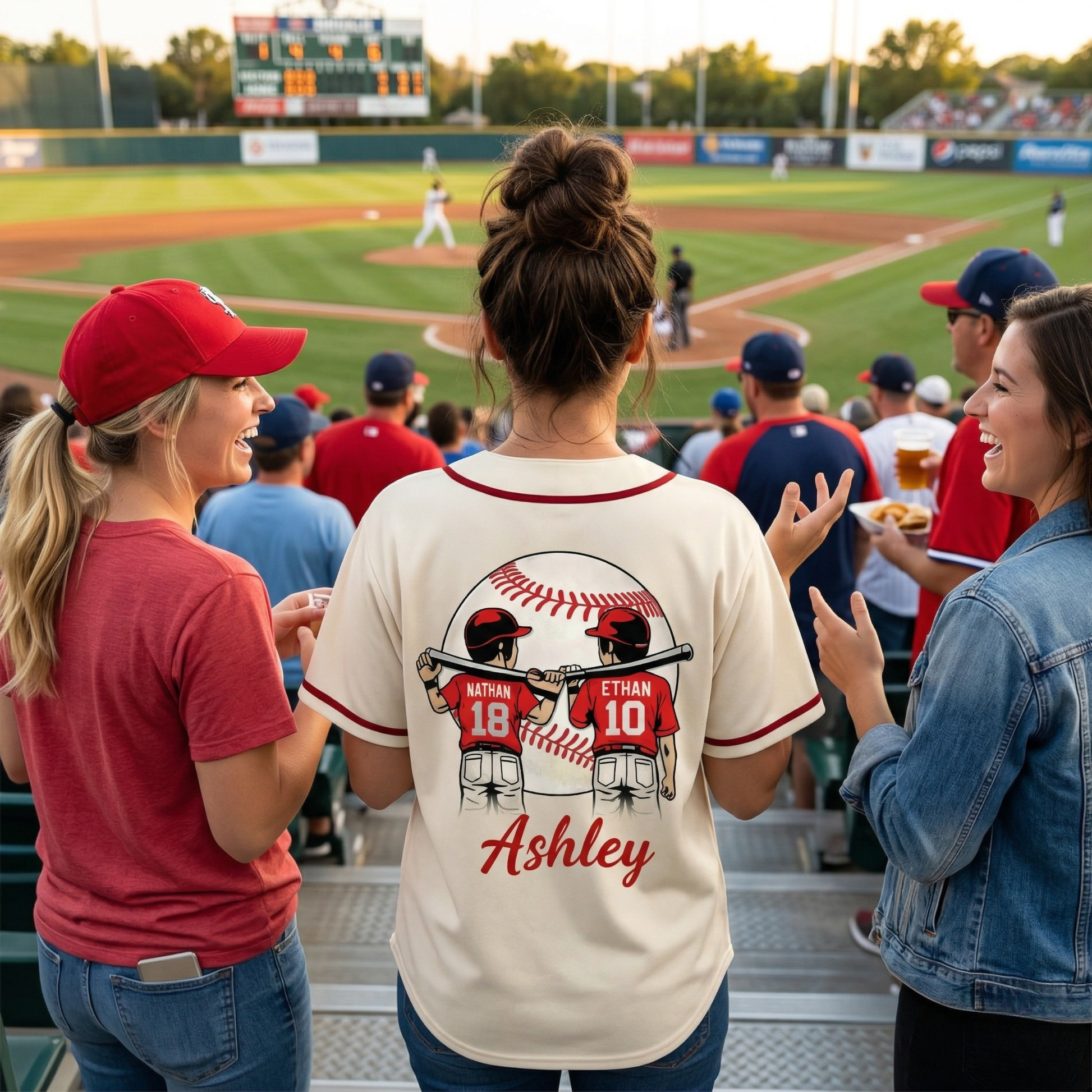 Custom Mother's Day Baseball Jersey Beige and Red - Ball Design with Kids Name