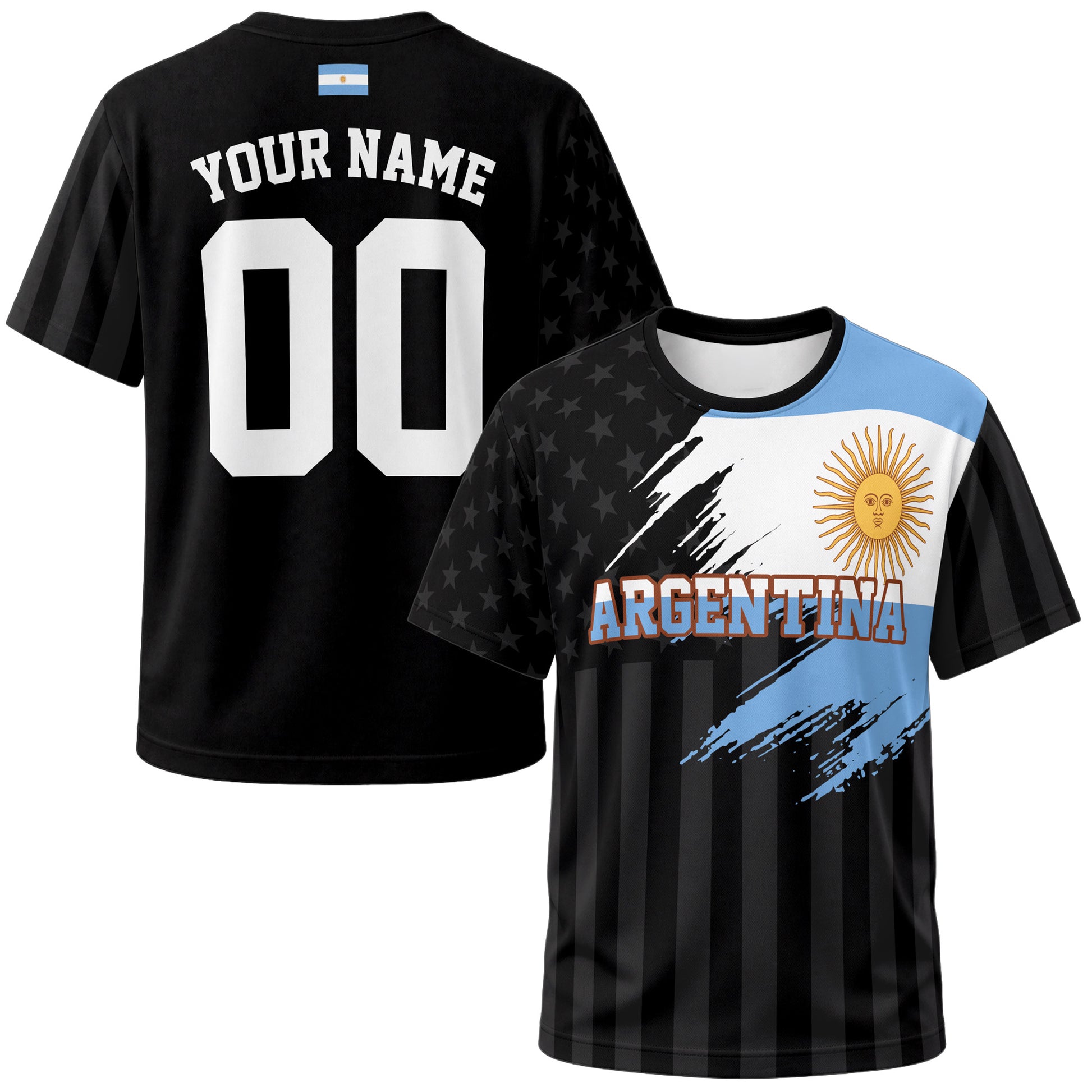 Custom Argentina Soccer Jersey Argentinian Fan Flag Black - Personalized Name Number