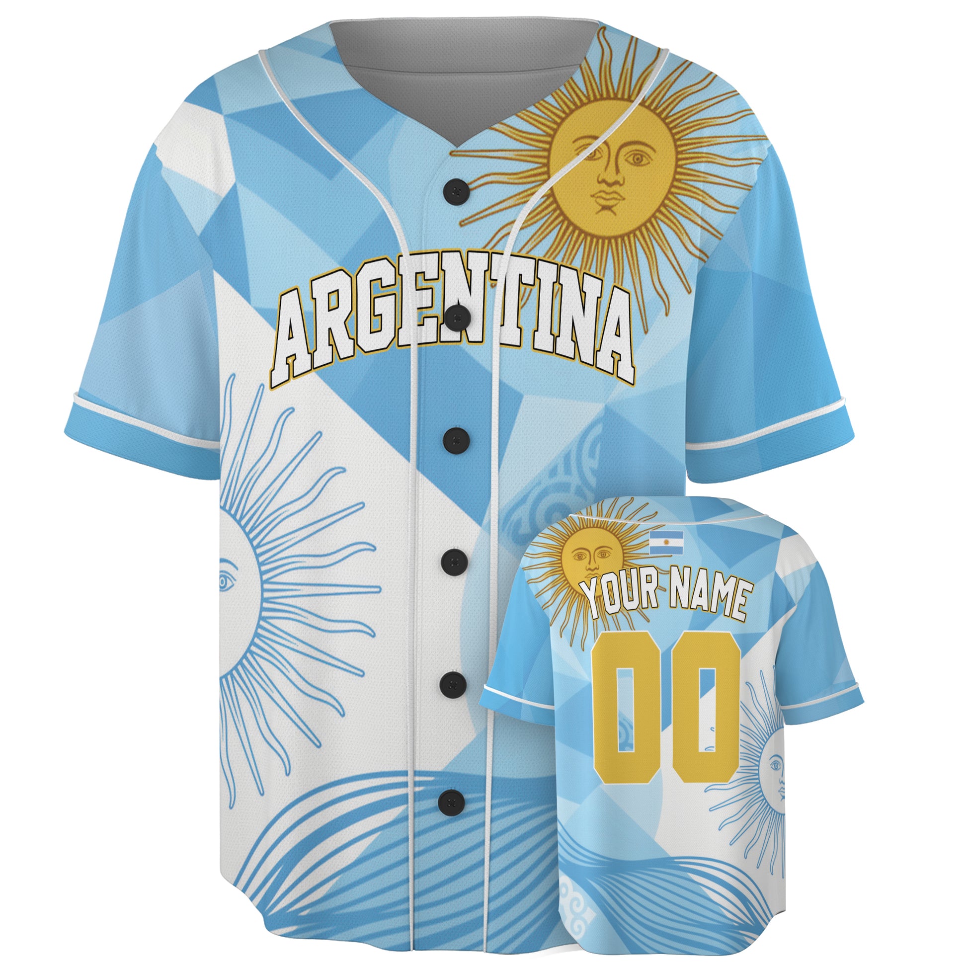 Custom Argentina Baseball Jersey Argentinian Fan Sun Pattern – Personalized Name Number