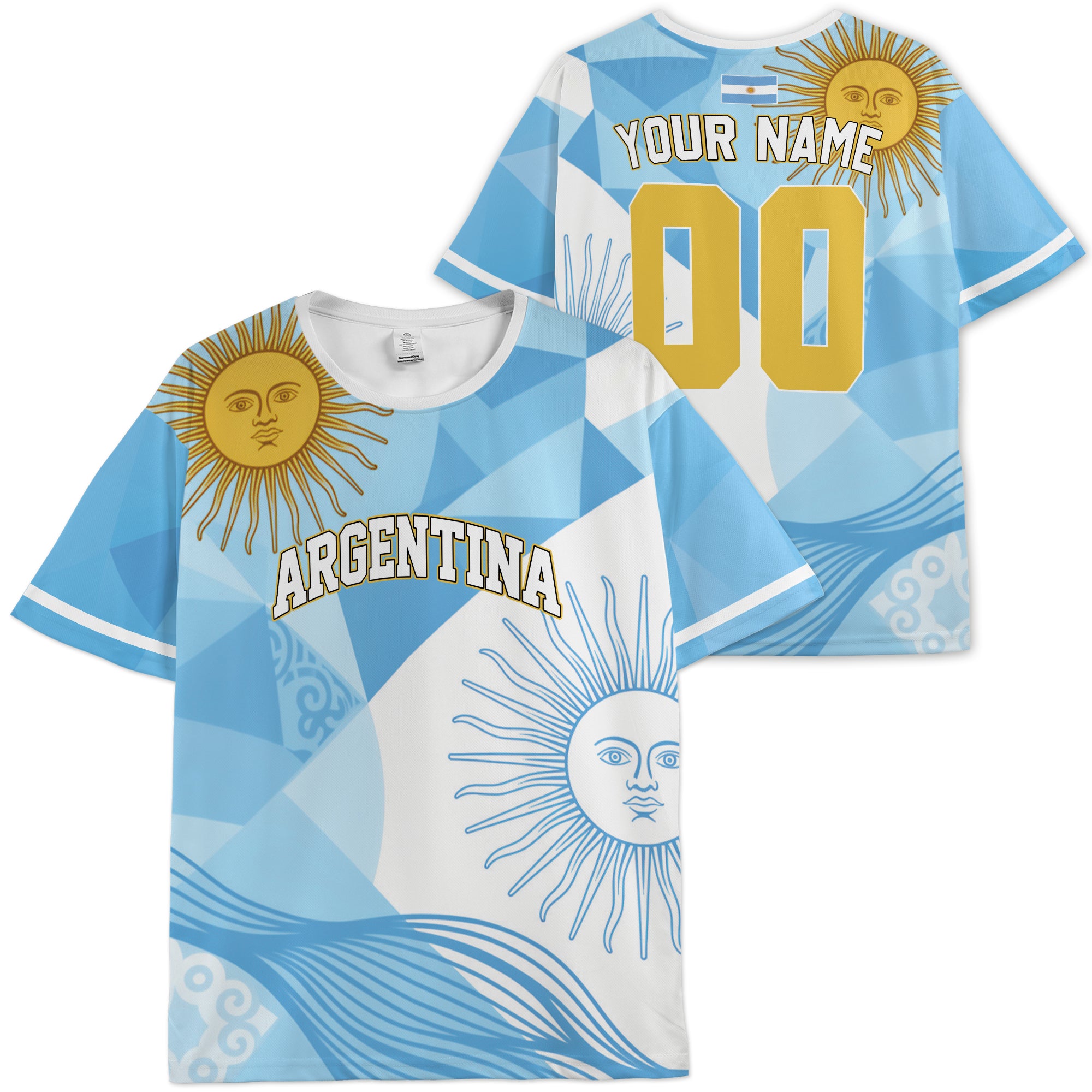 Custom Argentina Soccer Jersey Argentinian Fan Sun Pattern - Personalized Name Number
