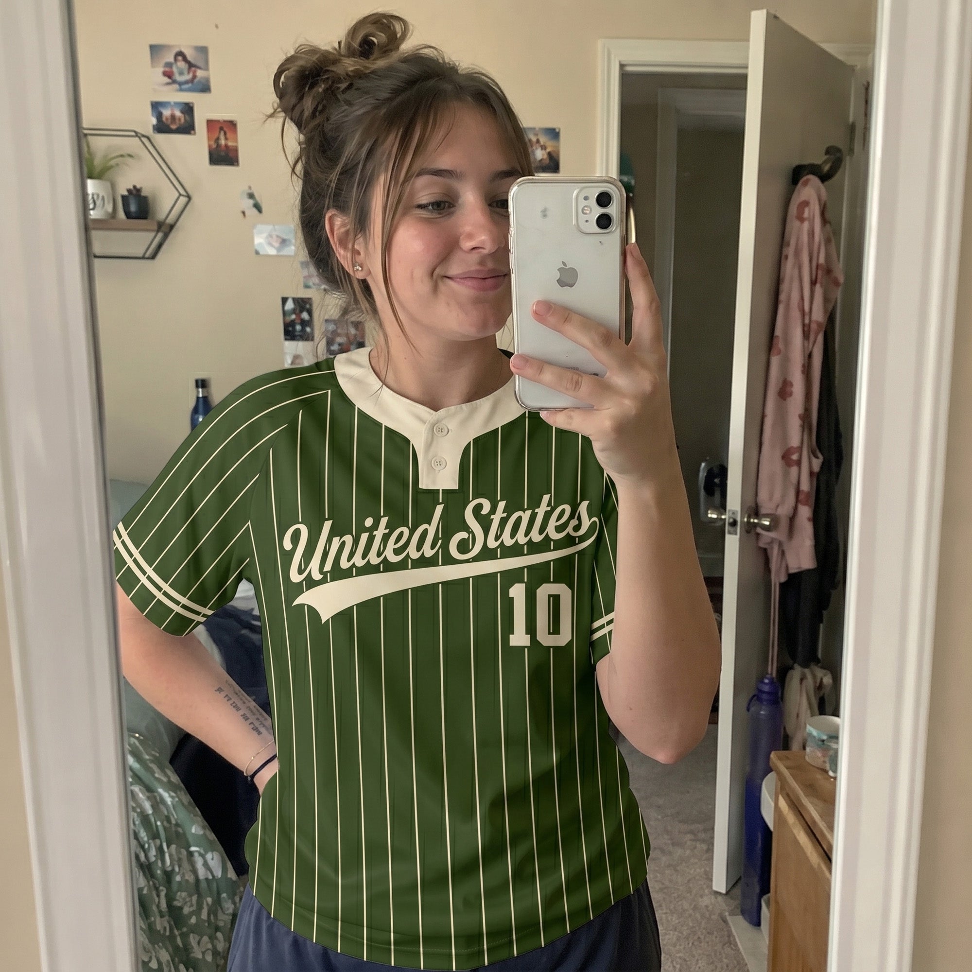 Custom Two Button Softball Jersey Army Green and Cream Pinstripe – Design Your Own