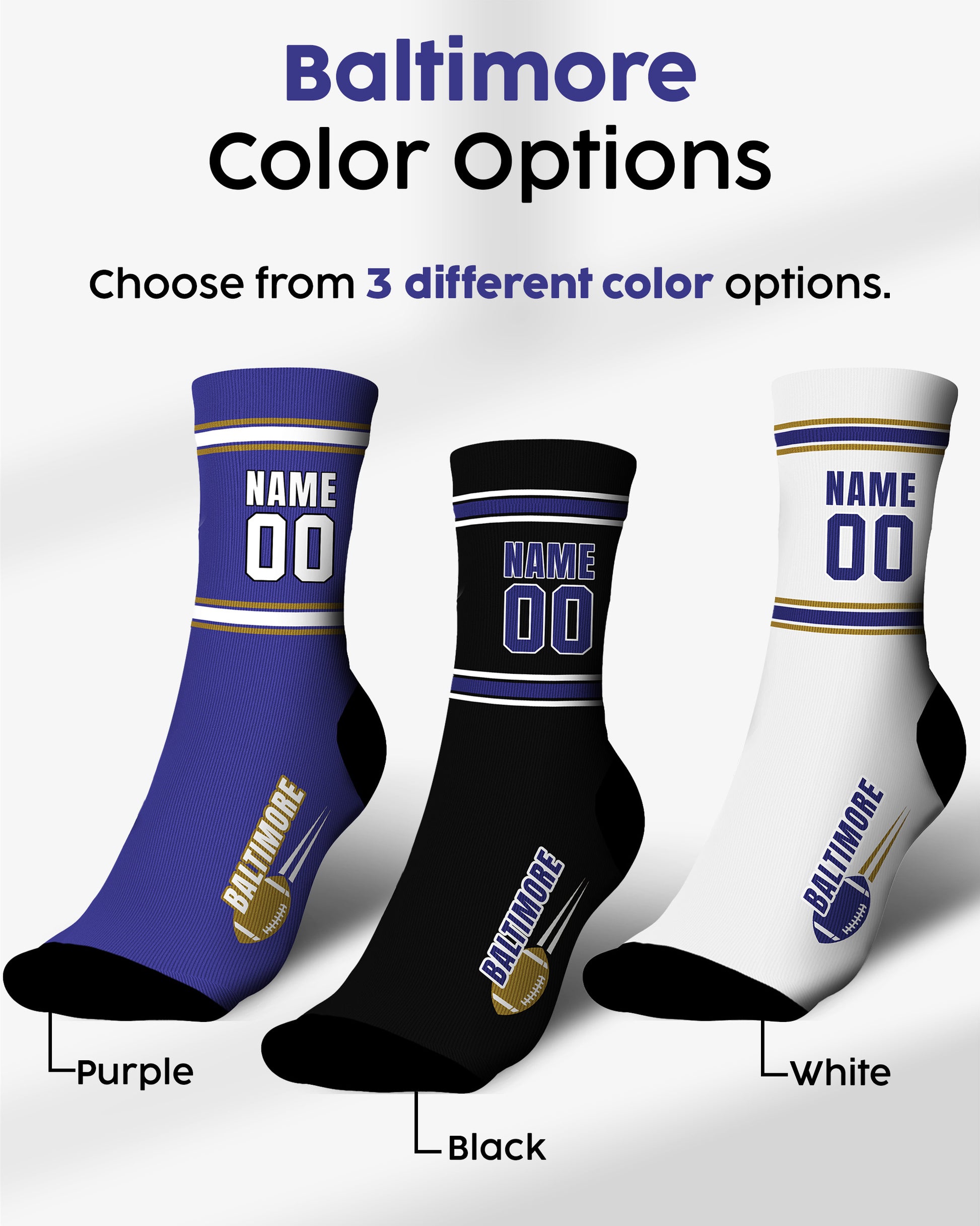 Custom City Sports Socks Baltimore White - Personalized Name Number
