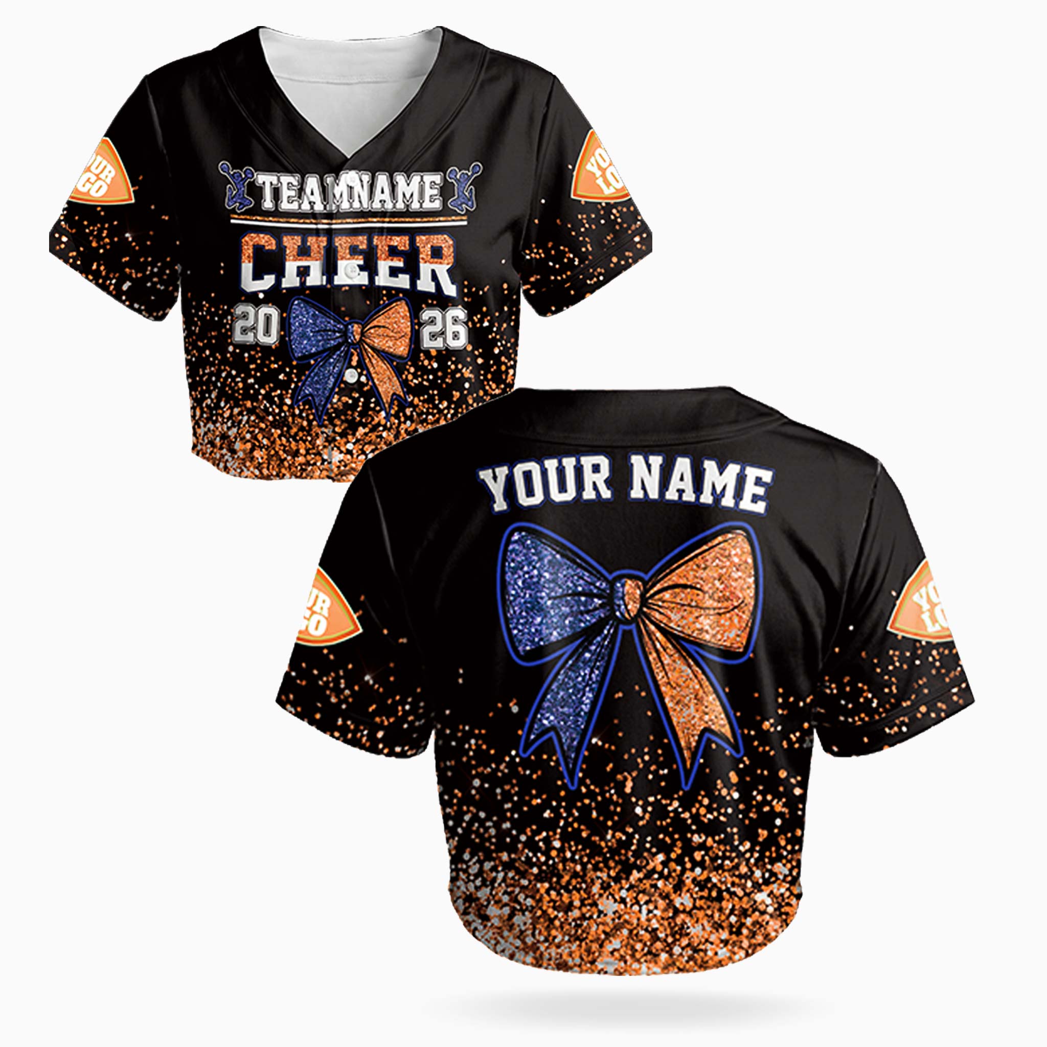 Custom Cheer Crop Baseball Jersey Bow Design Blue and Orange - Design Your Own