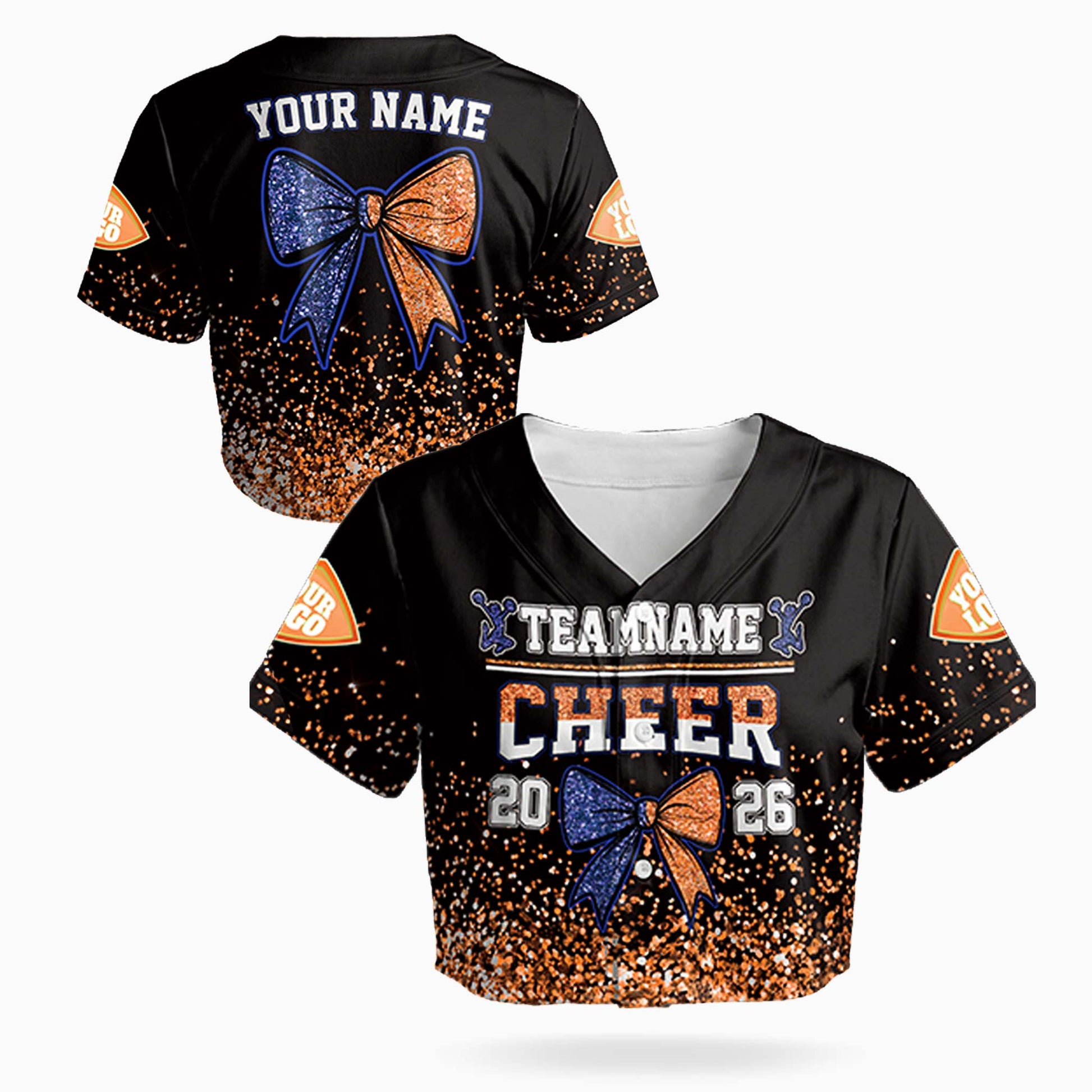 Custom Cheer Crop Baseball Jersey Bow Design Blue and Orange - Design Your Own