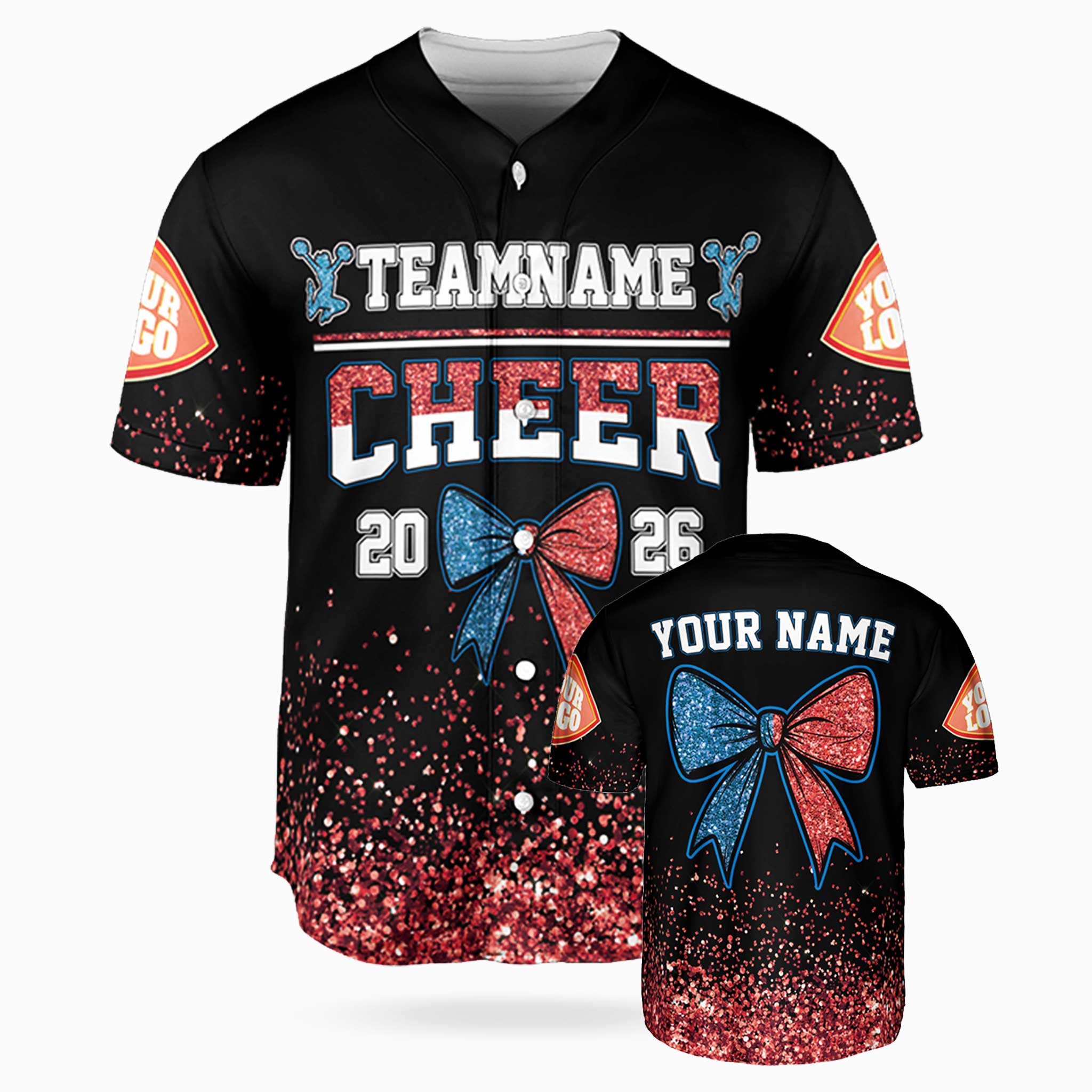 Custom Cheer Baseball Jersey Bow Design Blue and Red - Design Your Own