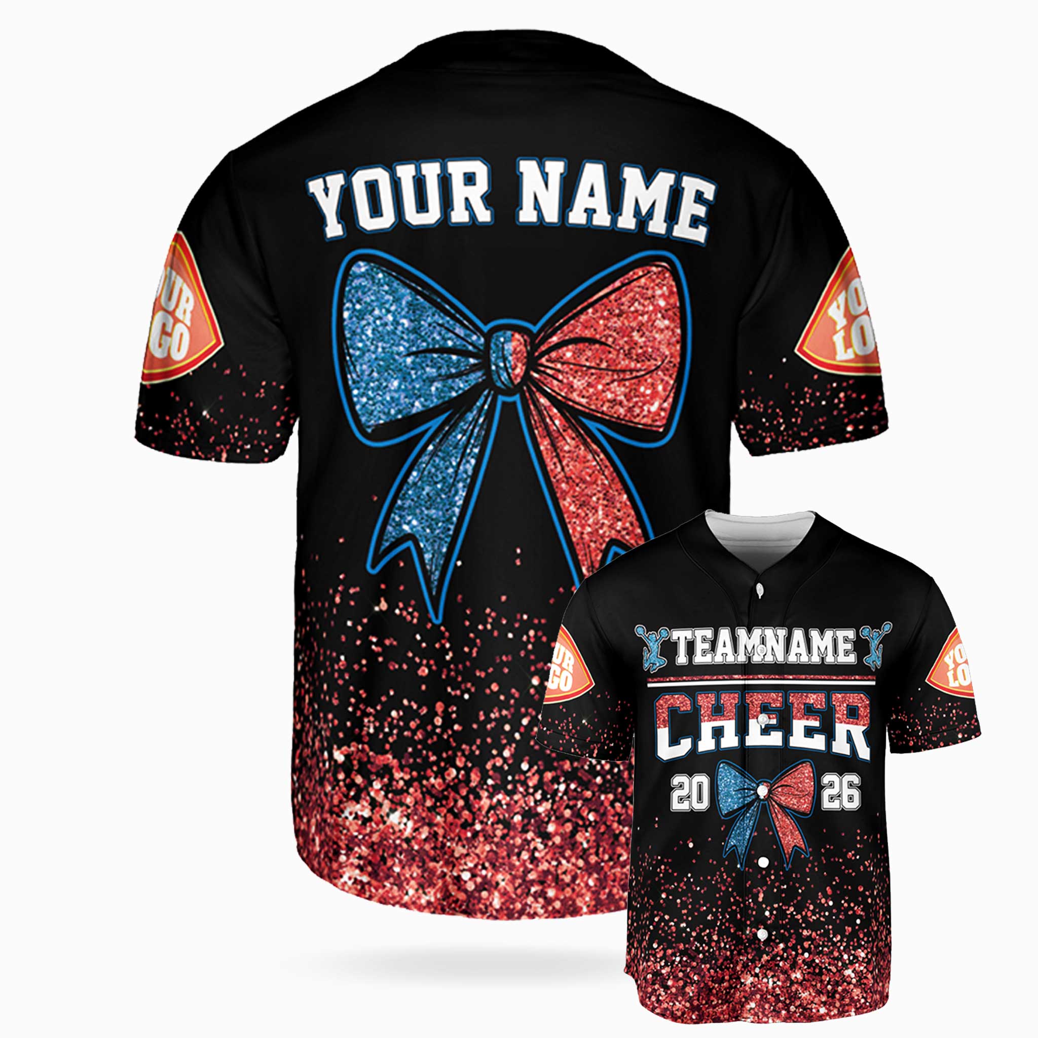 Custom Cheer Baseball Jersey Bow Design Blue and Red - Design Your Own