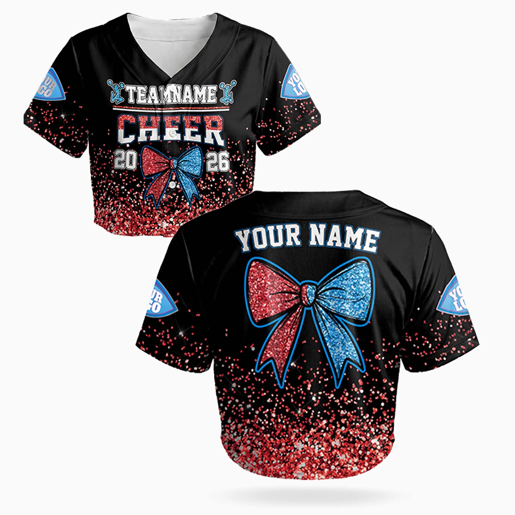 Custom Cheer Crop Baseball Jersey Bow Design Blue and Red - Design Your Own