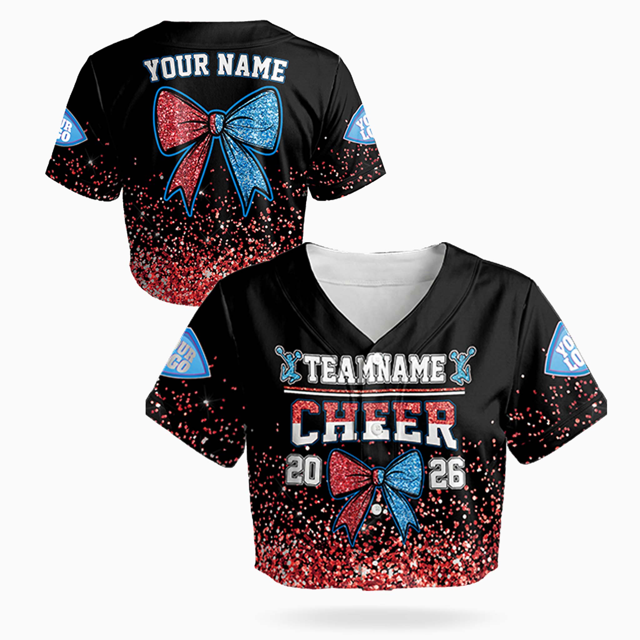 Custom Cheer Crop Baseball Jersey Bow Design Blue and Red - Design Your Own
