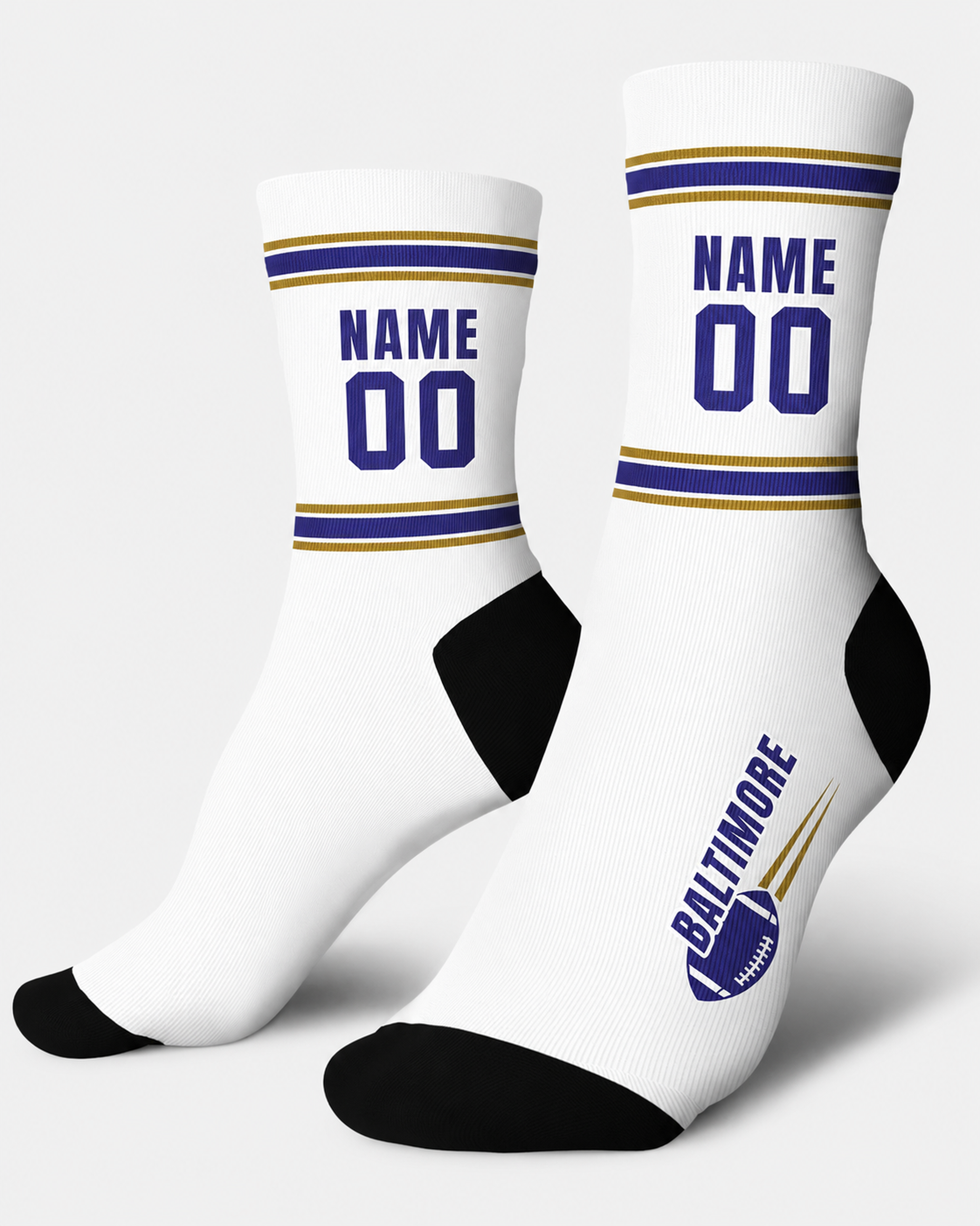 Custom City Sports Socks Baltimore White - Personalized Name Number