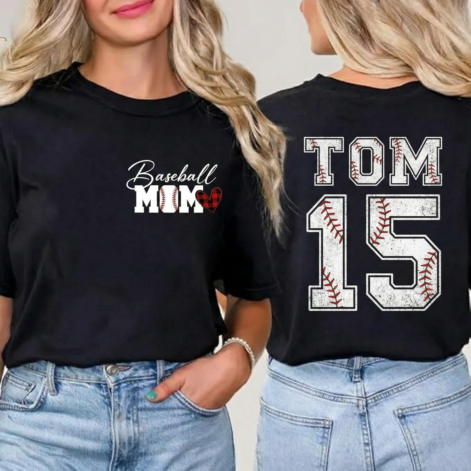 Custom T-Shirt Baseball Mom Heart Black - Personalized Name Number